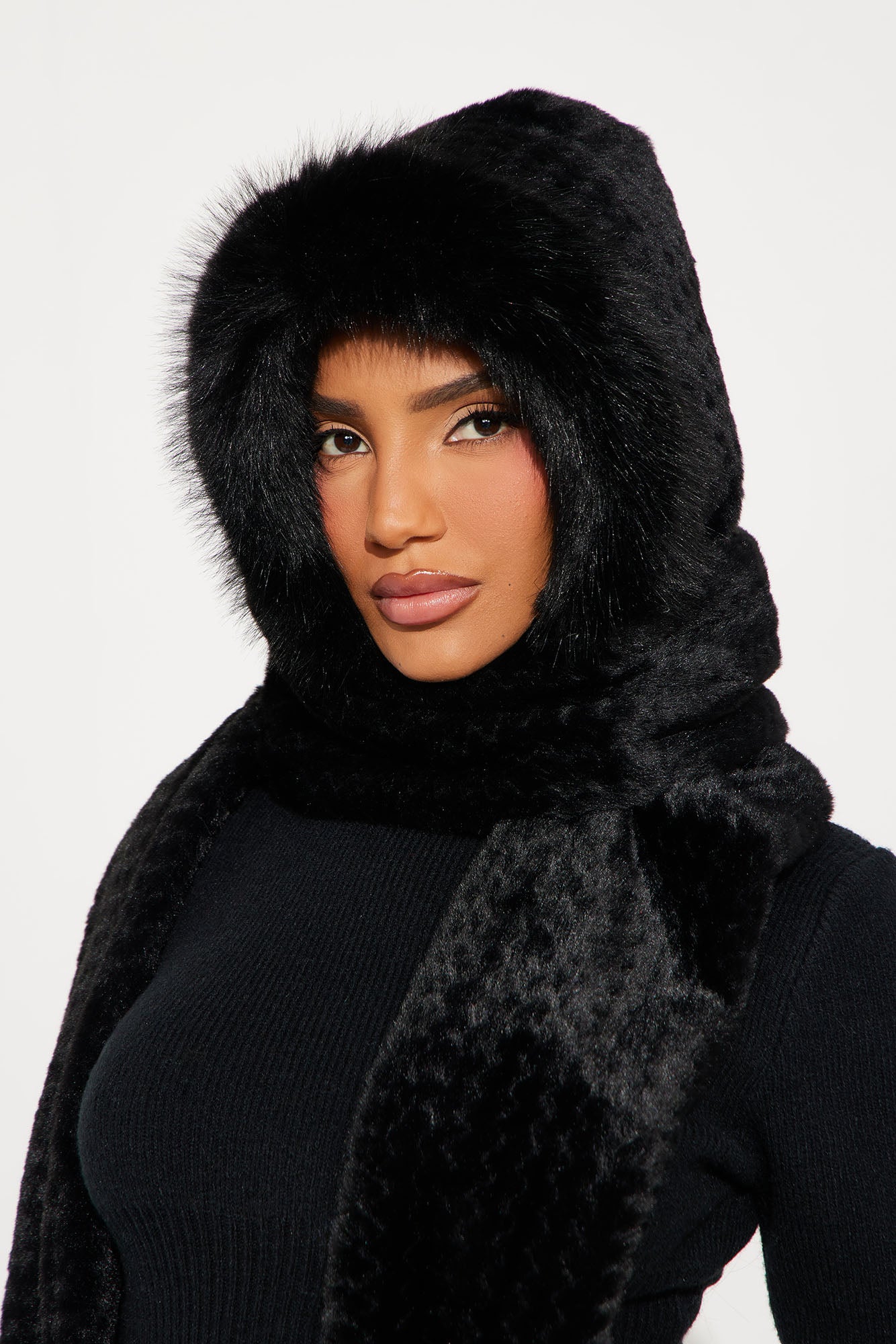 Bundle Me Up Faux Fur Hood Scarf - Black