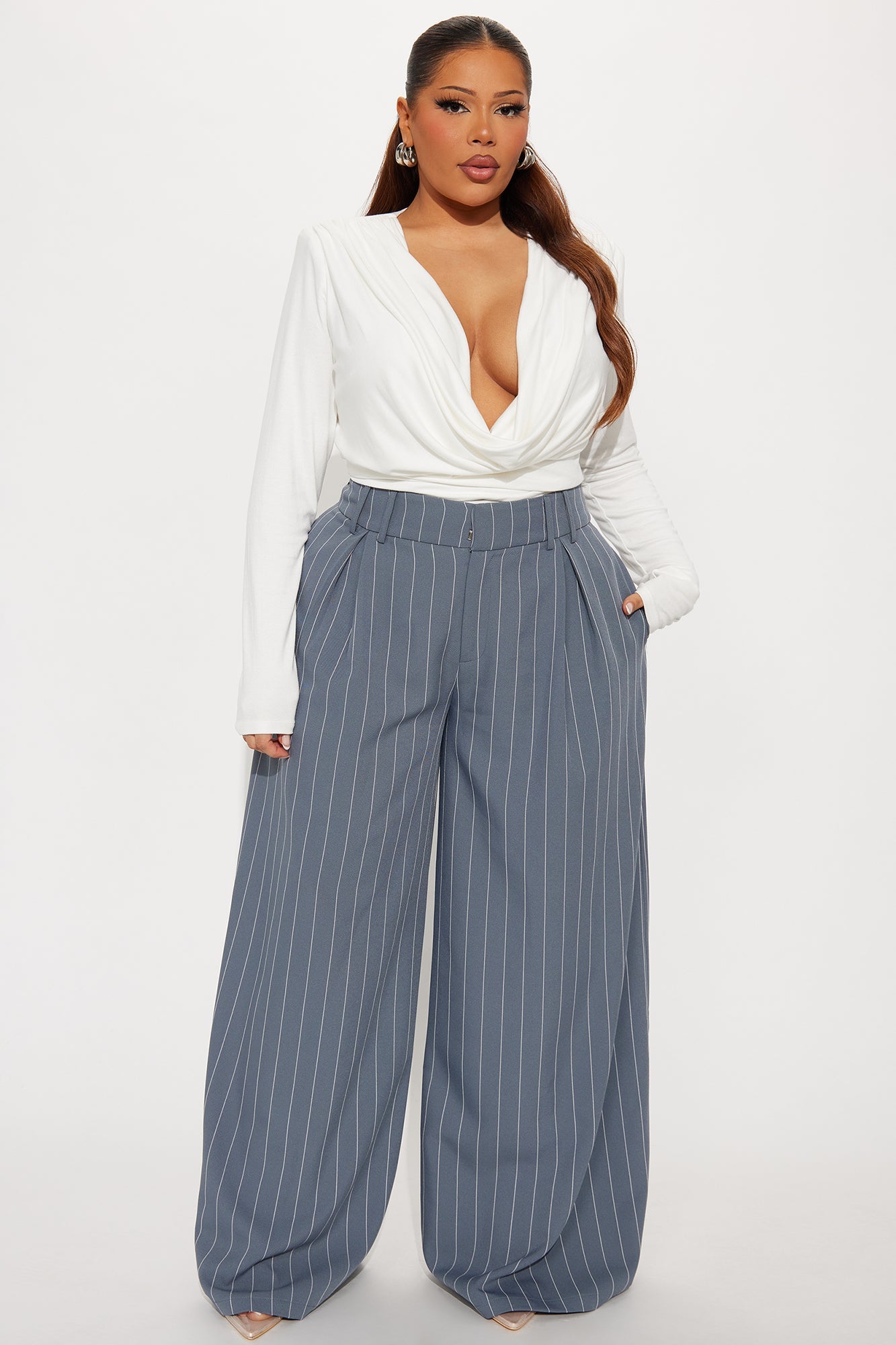 Felicity Pinstripe Wide Leg Trouser Pant 33″ - Blue/combo