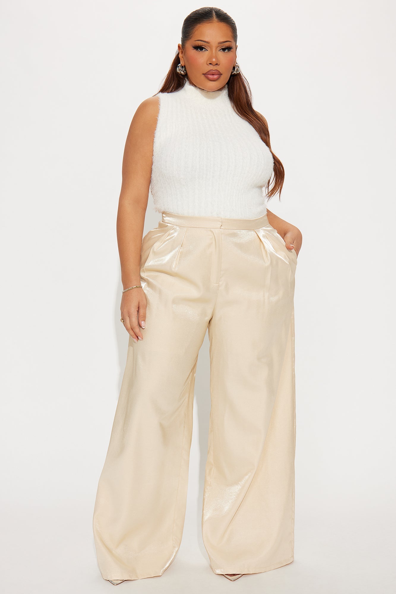 Angelica Satin Wide Leg Trousers 33″ - Champagne