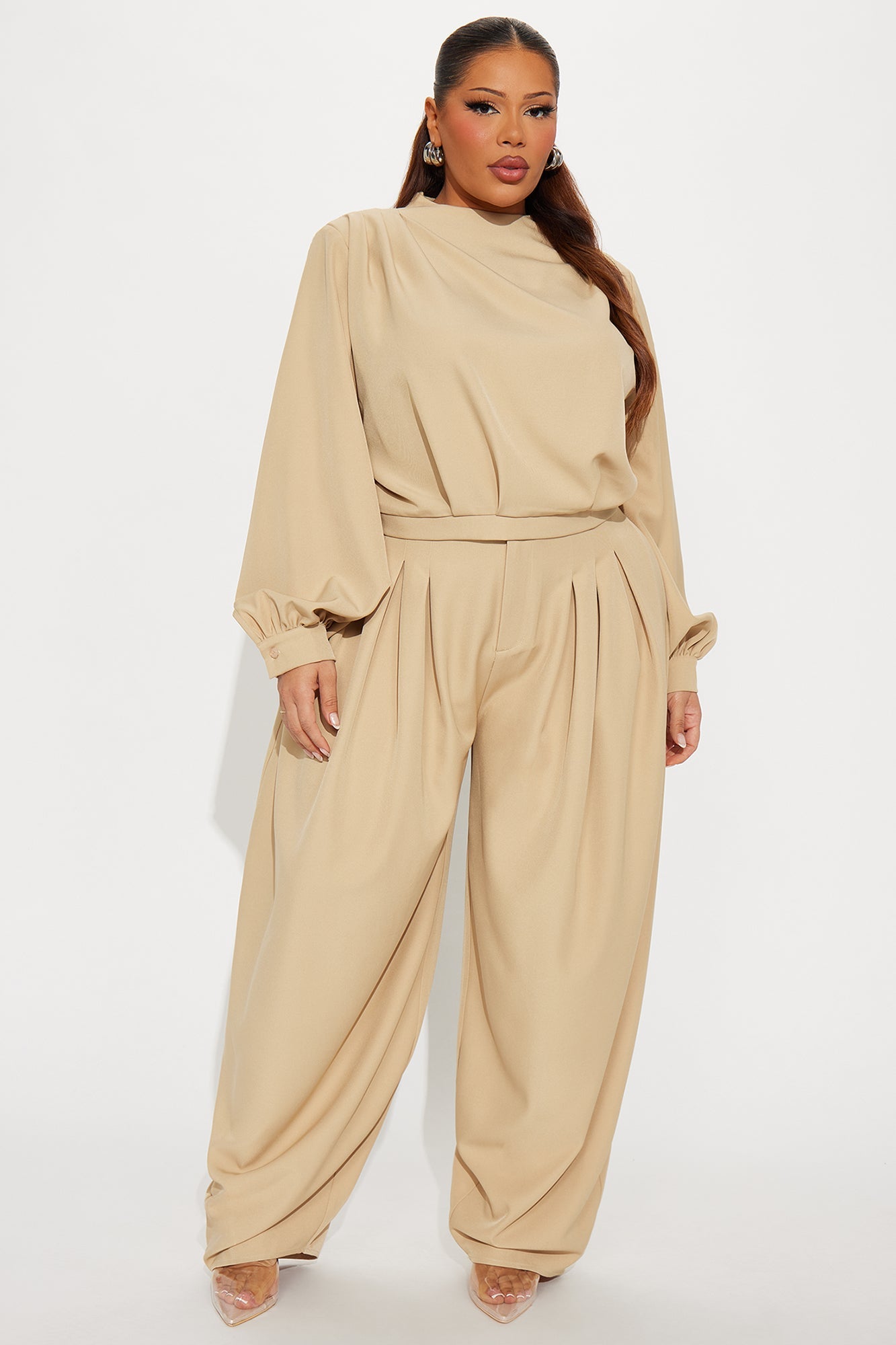 Inez Long Sleeve Pleated Balloon Pant Set - Khaki
