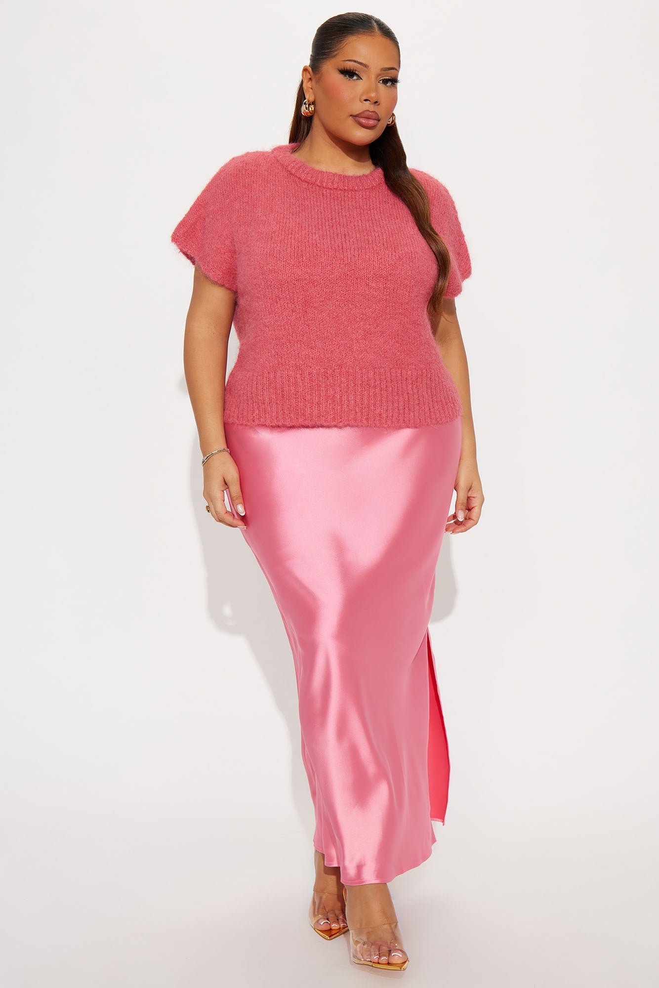 Found You Satin Sweater Maxi Dress Set - Pink