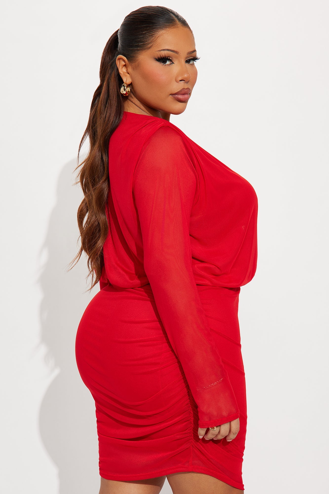 Romy Ruched Mesh Mini Dress - Red