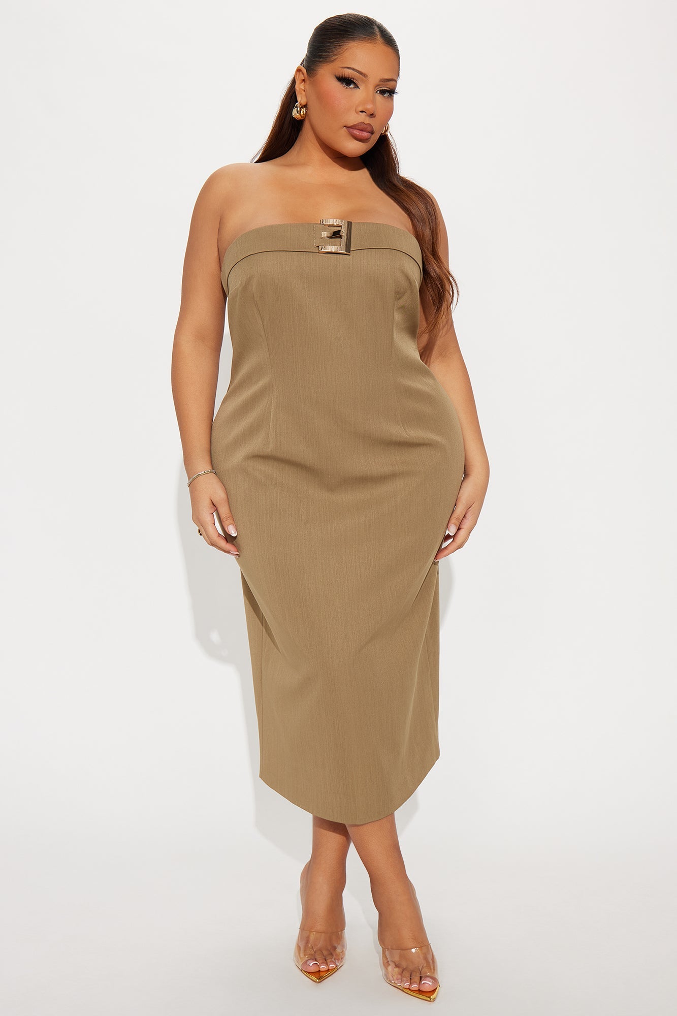 Suit Yourself Strapless Crepe Woven Midi Dress Set - Olive