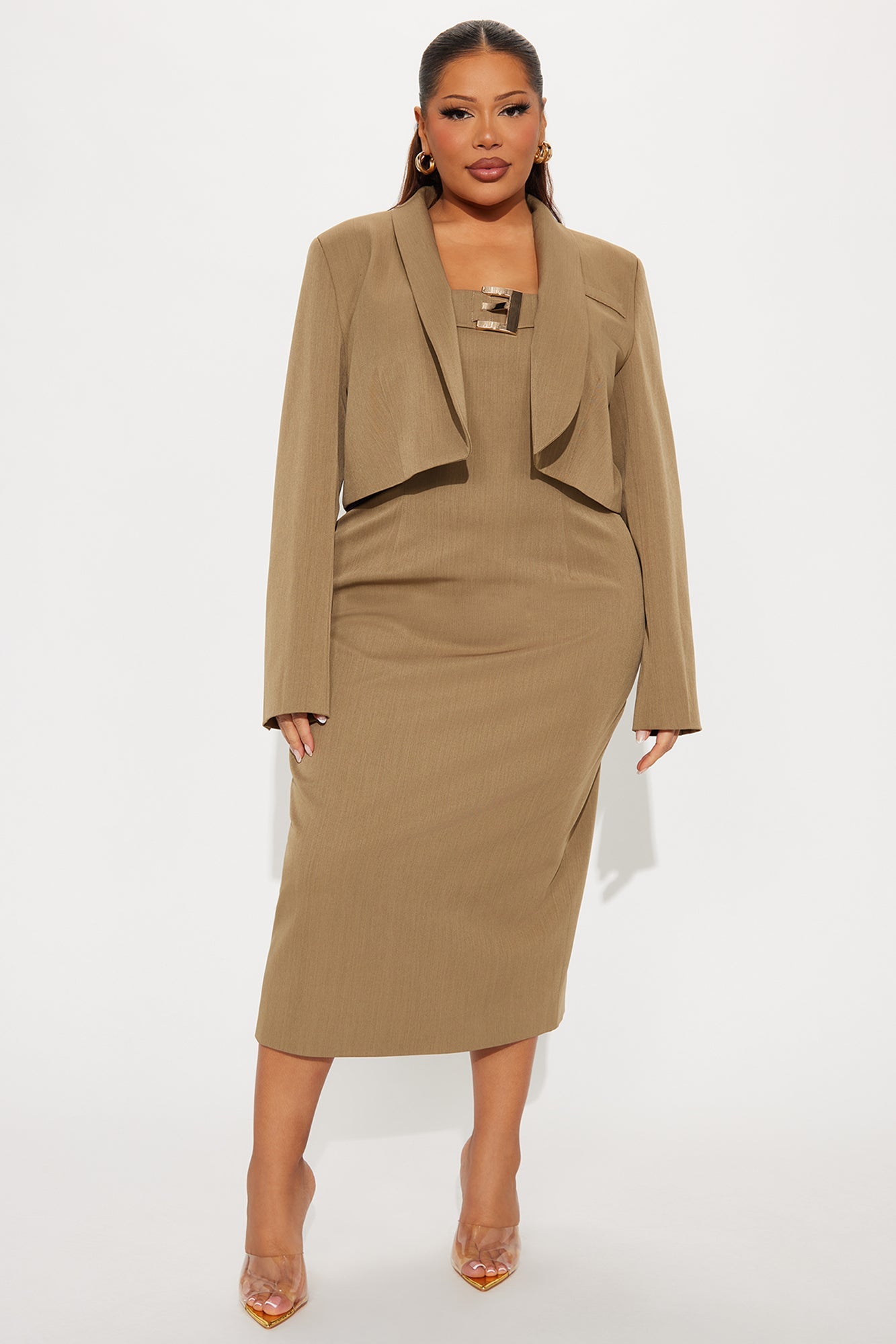 Suit Yourself Strapless Crepe Woven Midi Dress Set - Olive