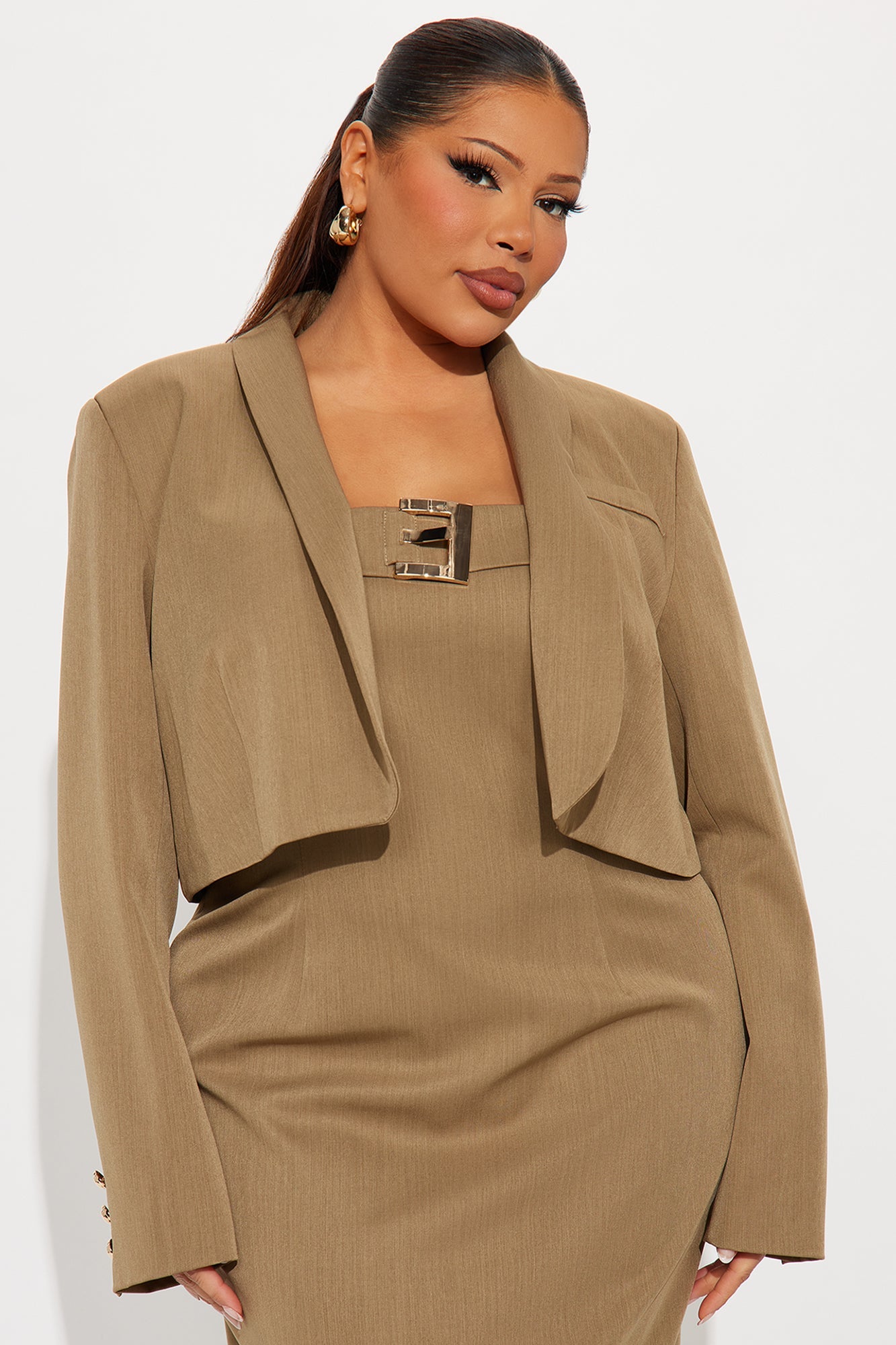 Suit Yourself Strapless Crepe Woven Midi Dress Set - Olive