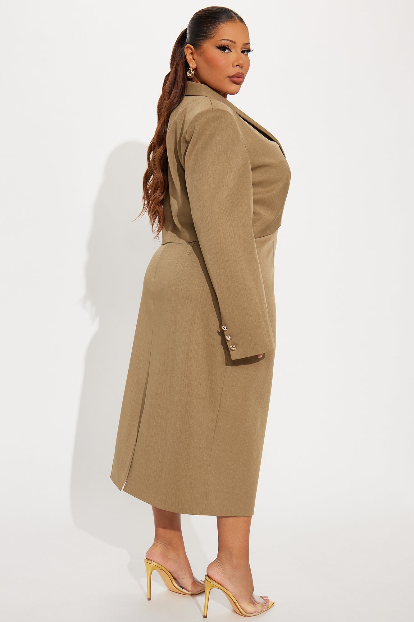 Suit Yourself Strapless Crepe Woven Midi Dress Set - Olive