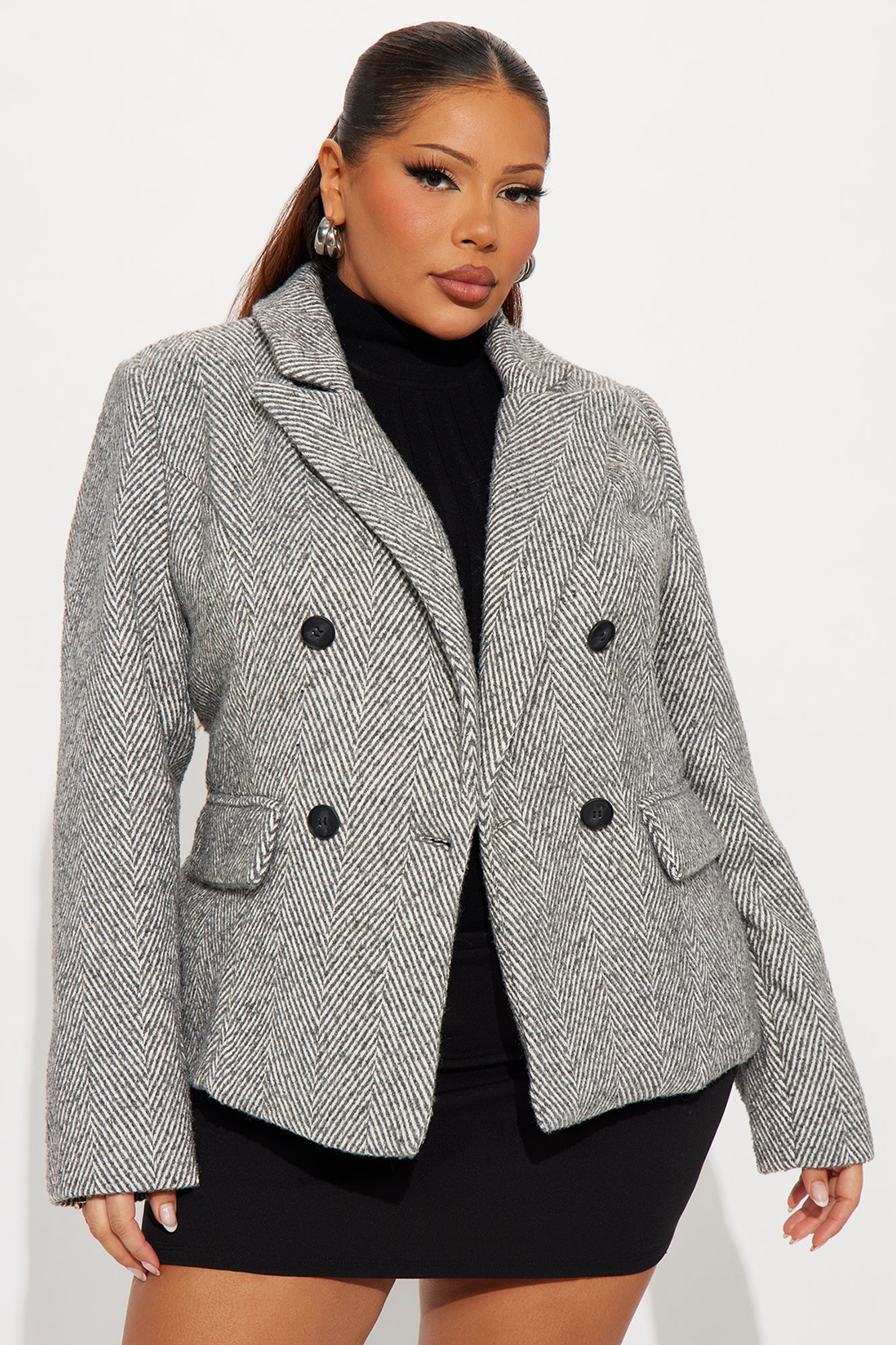 Life Altering Double Breasted Houndstooth Blazer - Charcoal/combo