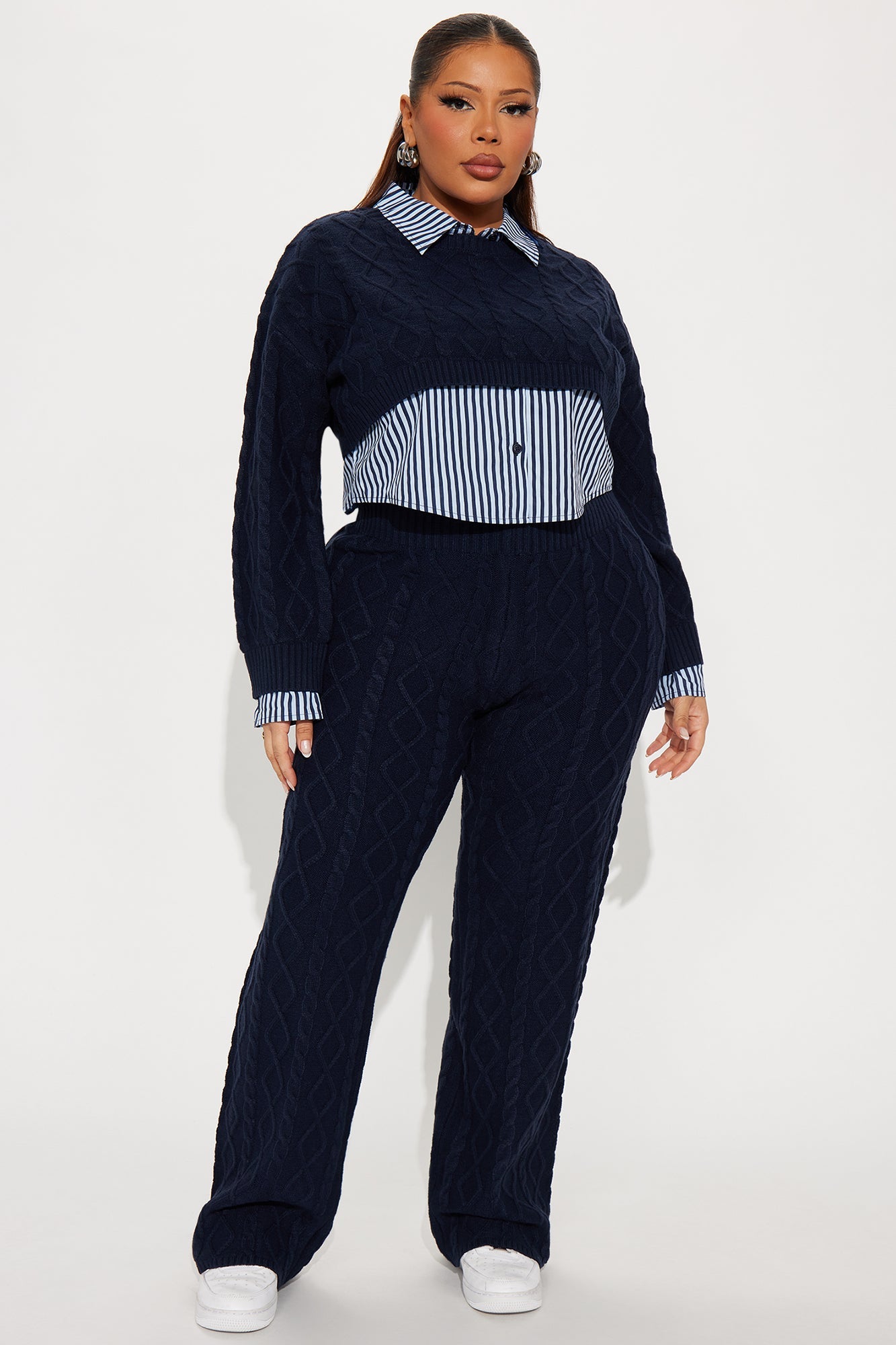 Jordana Sweater Striped Pant Set - Navy