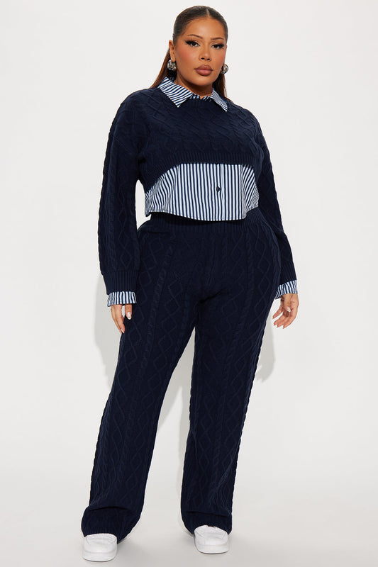 Jordana Sweater Striped Pant Set - Navy