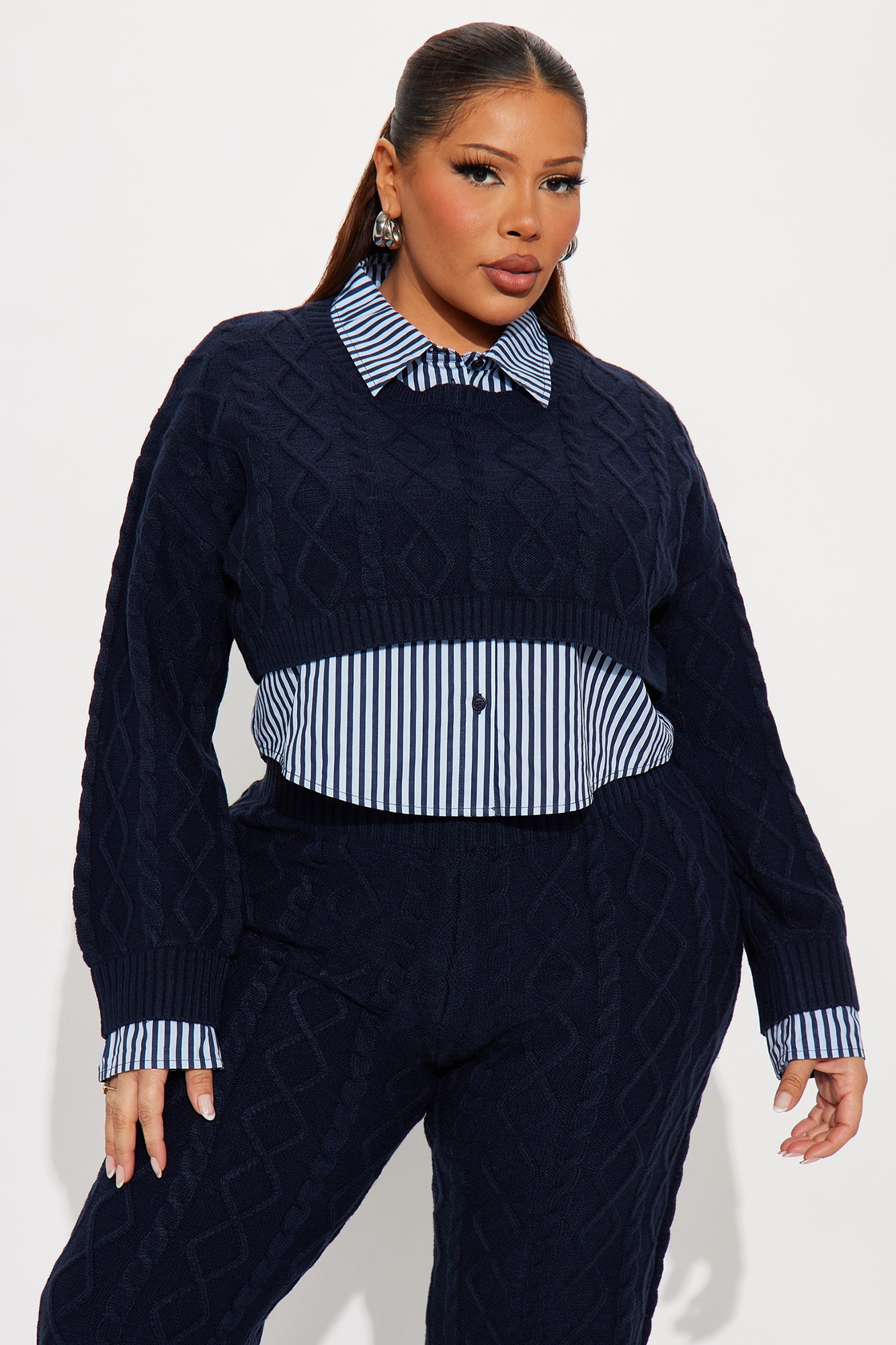 Jordana Sweater Striped Pant Set - Navy