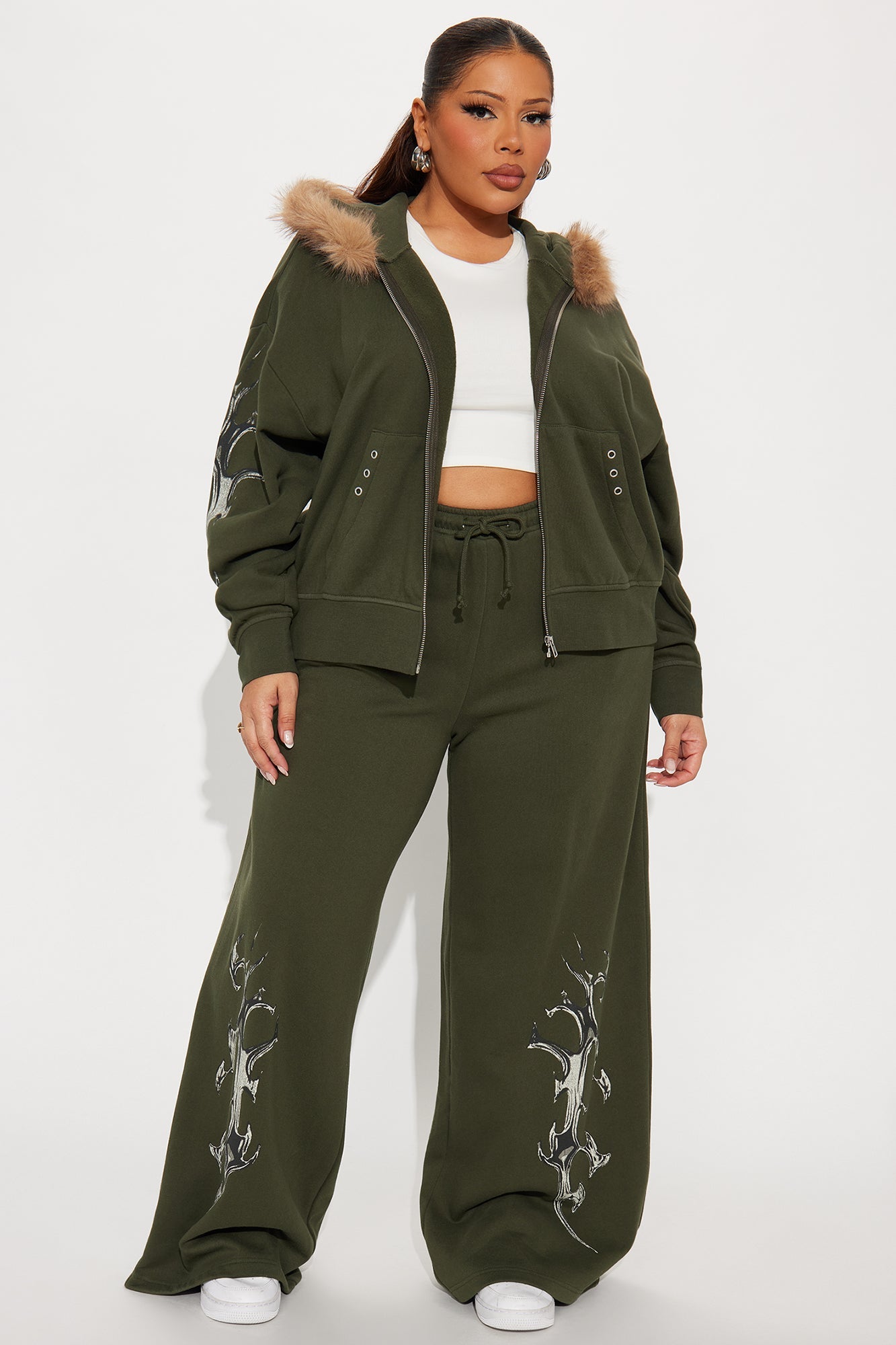 Edgy Vibe Fleece Washed Pant Set - Olive
