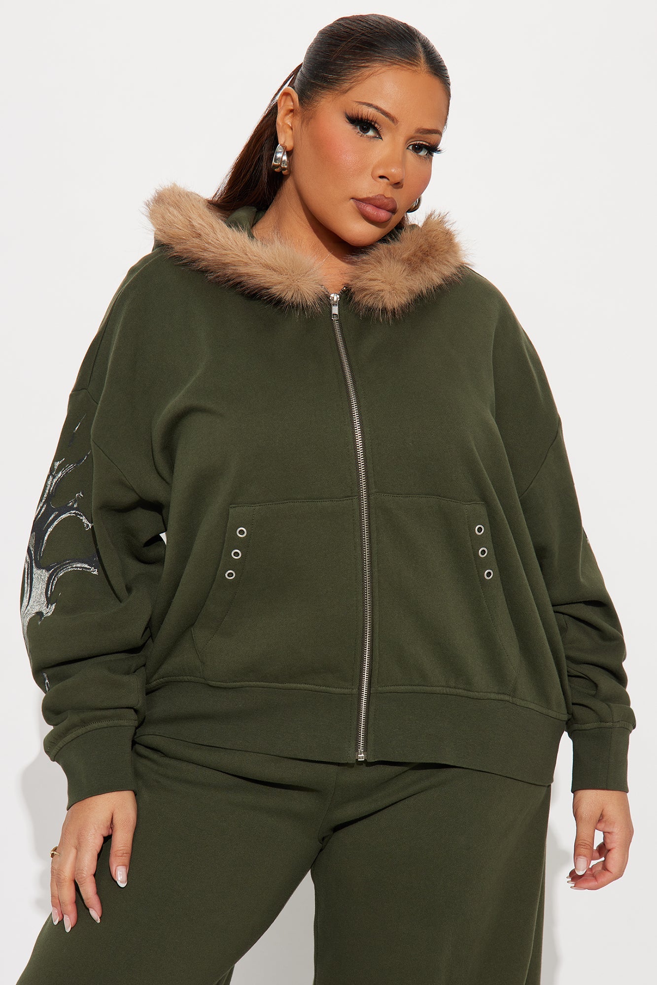 Edgy Vibe Fleece Washed Pant Set - Olive