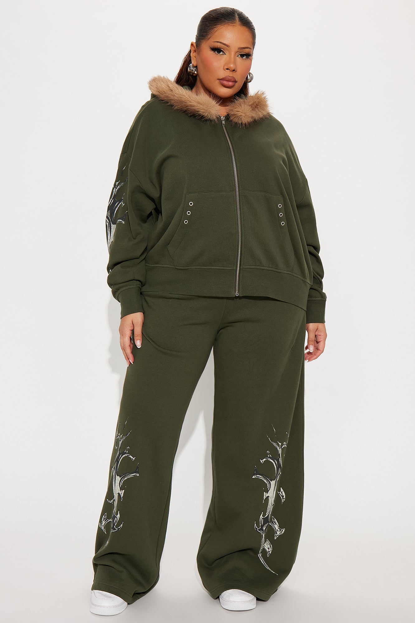 Edgy Vibe Fleece Washed Pant Set - Olive