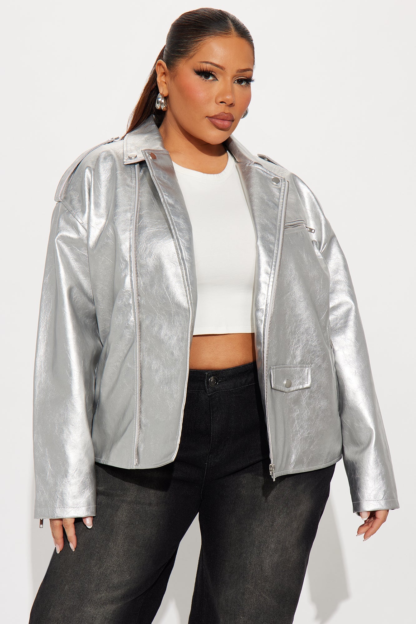 Higher Frequency Faux Leather Moto Jacket - Silver