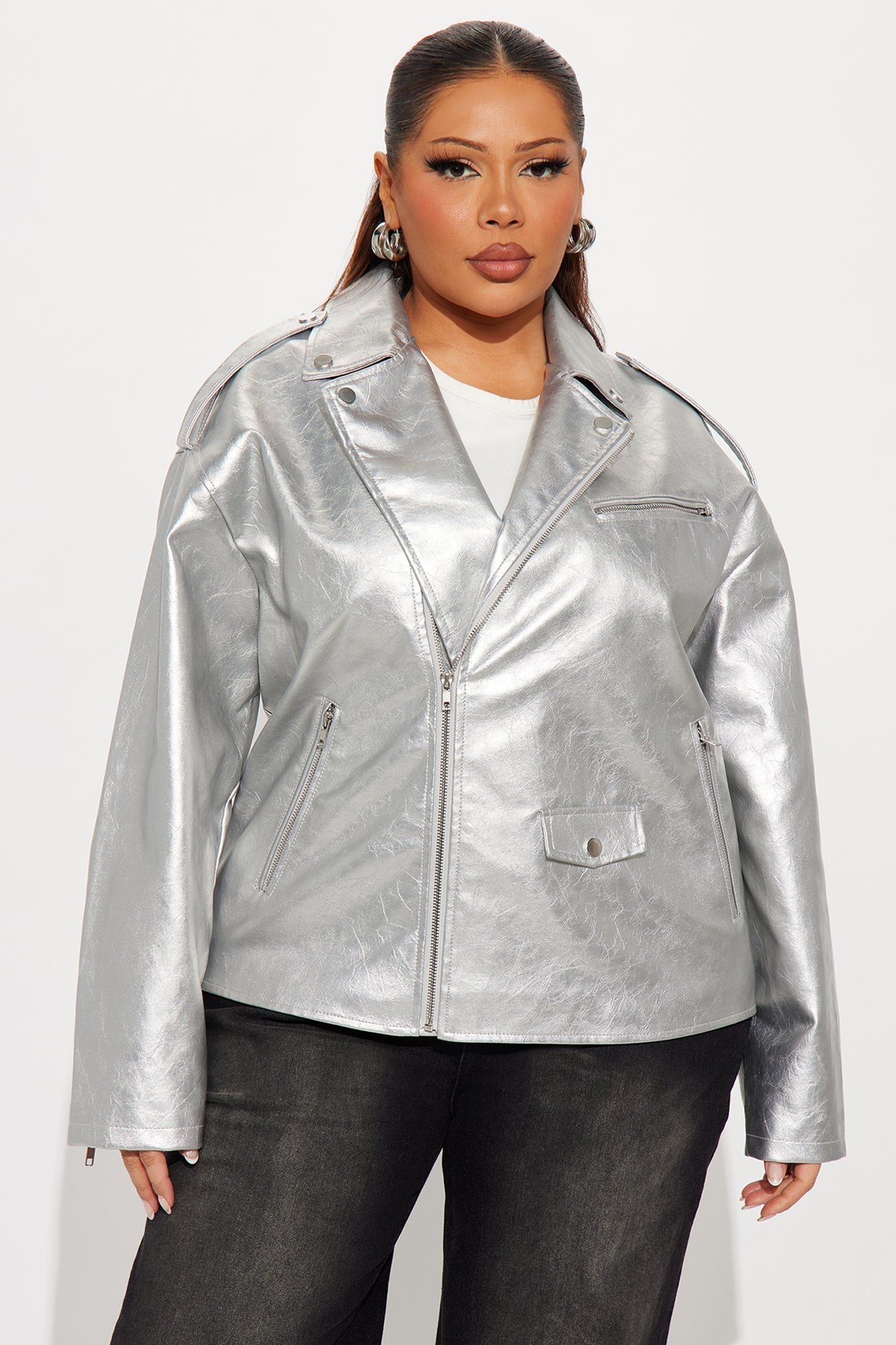 Higher Frequency Faux Leather Moto Jacket - Silver