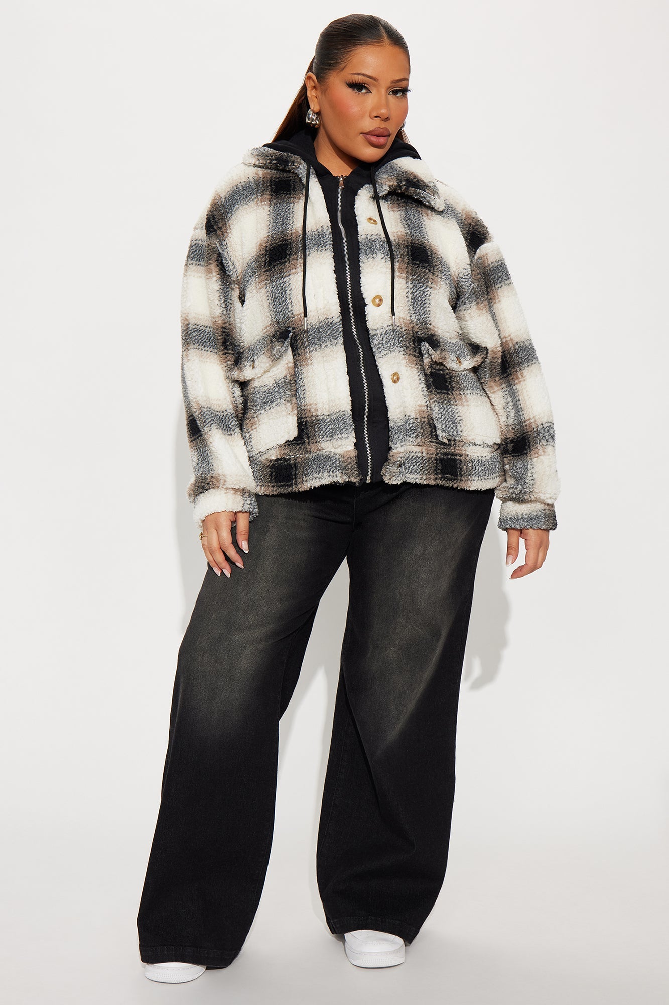 Out Of Town Plaid Sherpa Shacket - Black/combo
