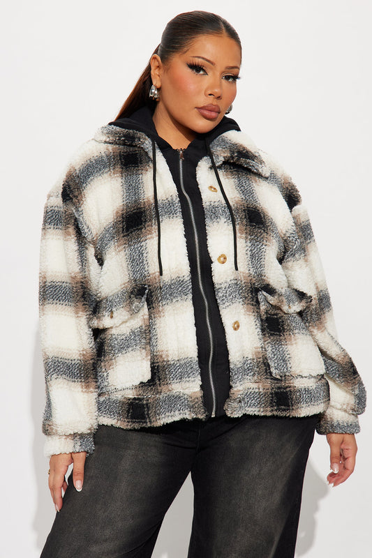 Out Of Town Plaid Sherpa Shacket - Black/combo