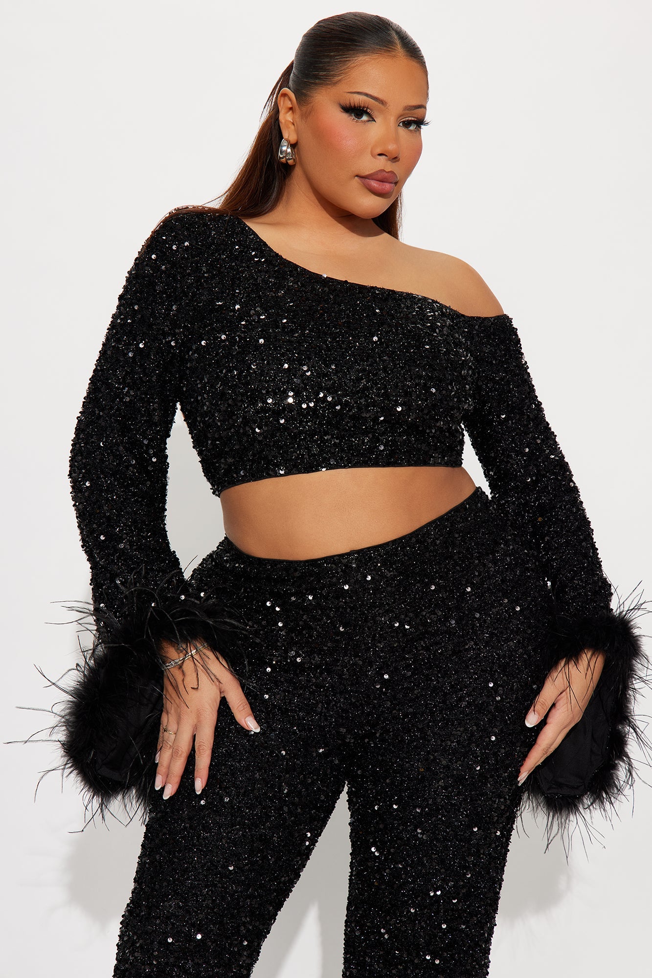 Shine All Night Feather Trim Sequin Pant Set - Black