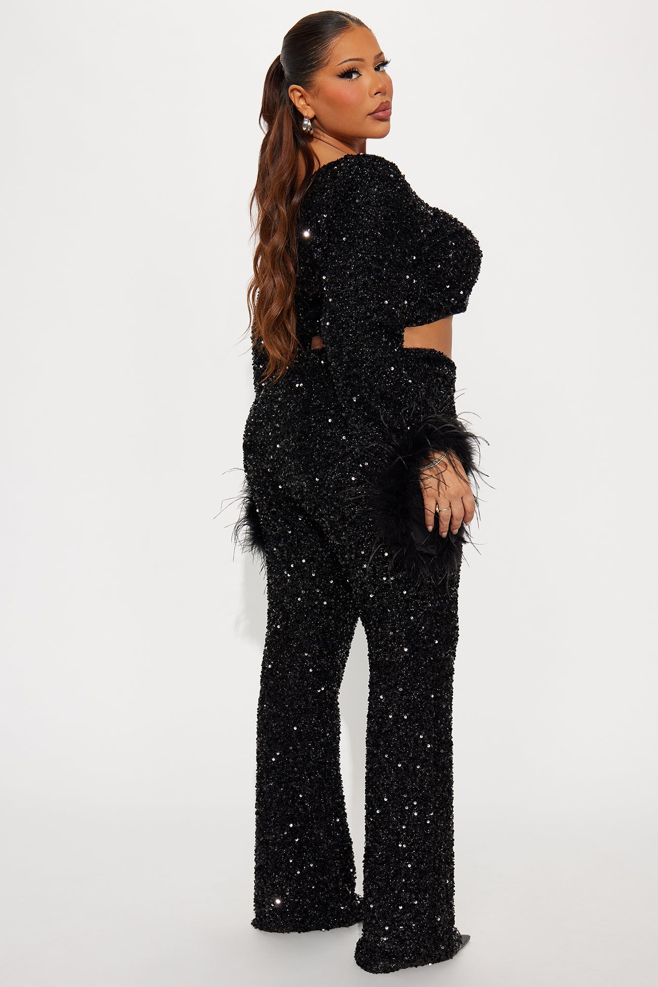 Shine All Night Feather Trim Sequin Pant Set - Black