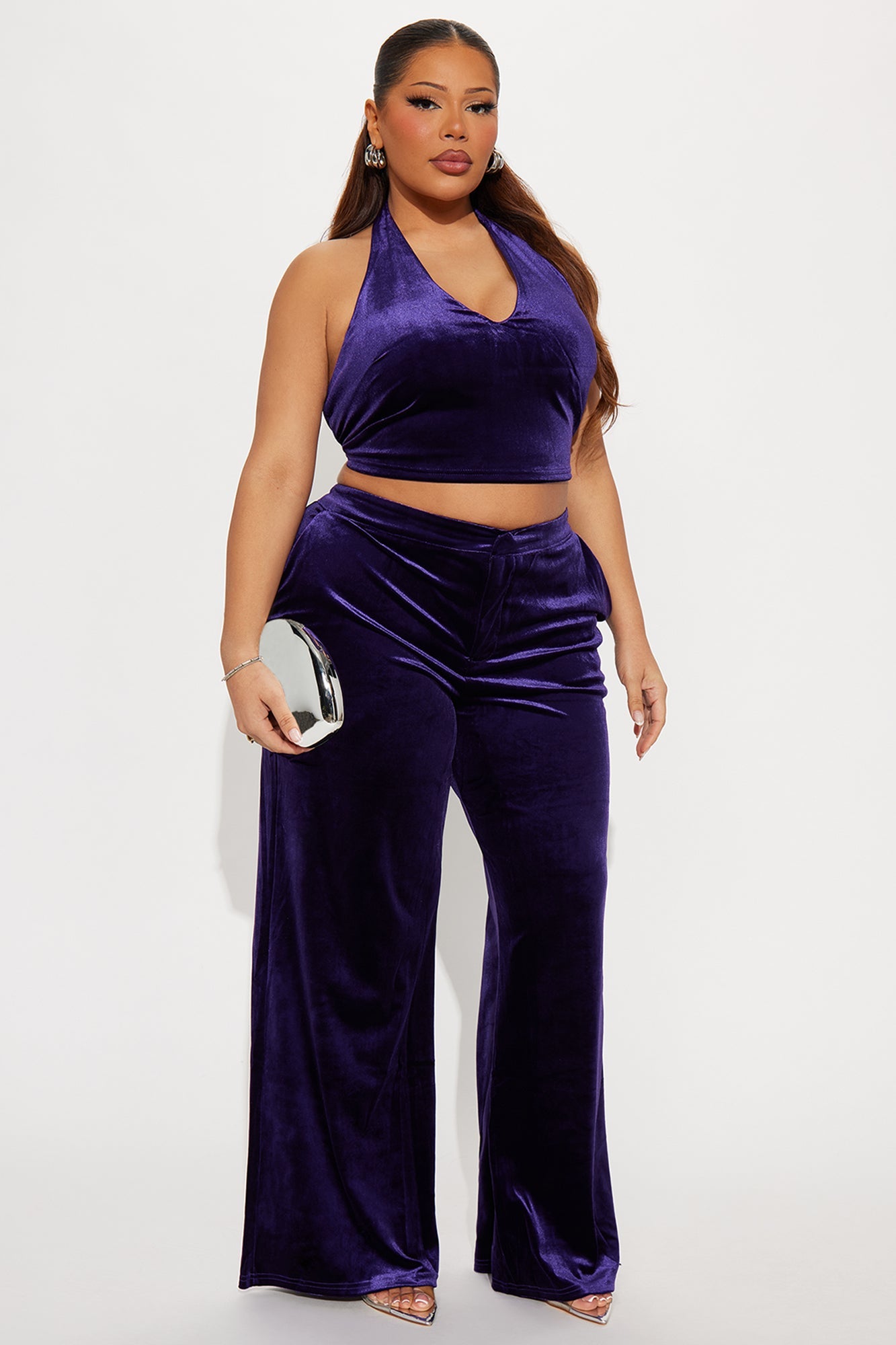 Ava Velvet Halter Pant Set - Eggplant