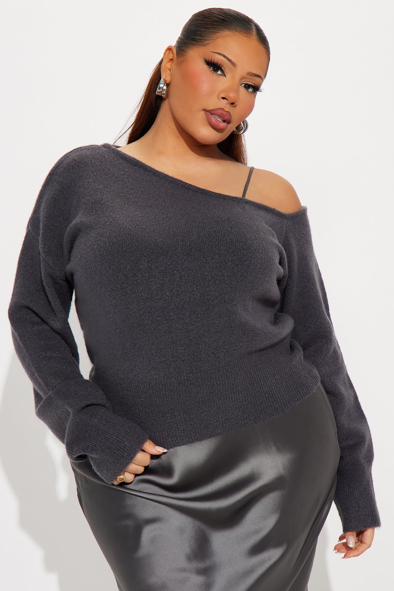 Warm Kiss Satin Sweater Maxi Dress Set - Charcoal