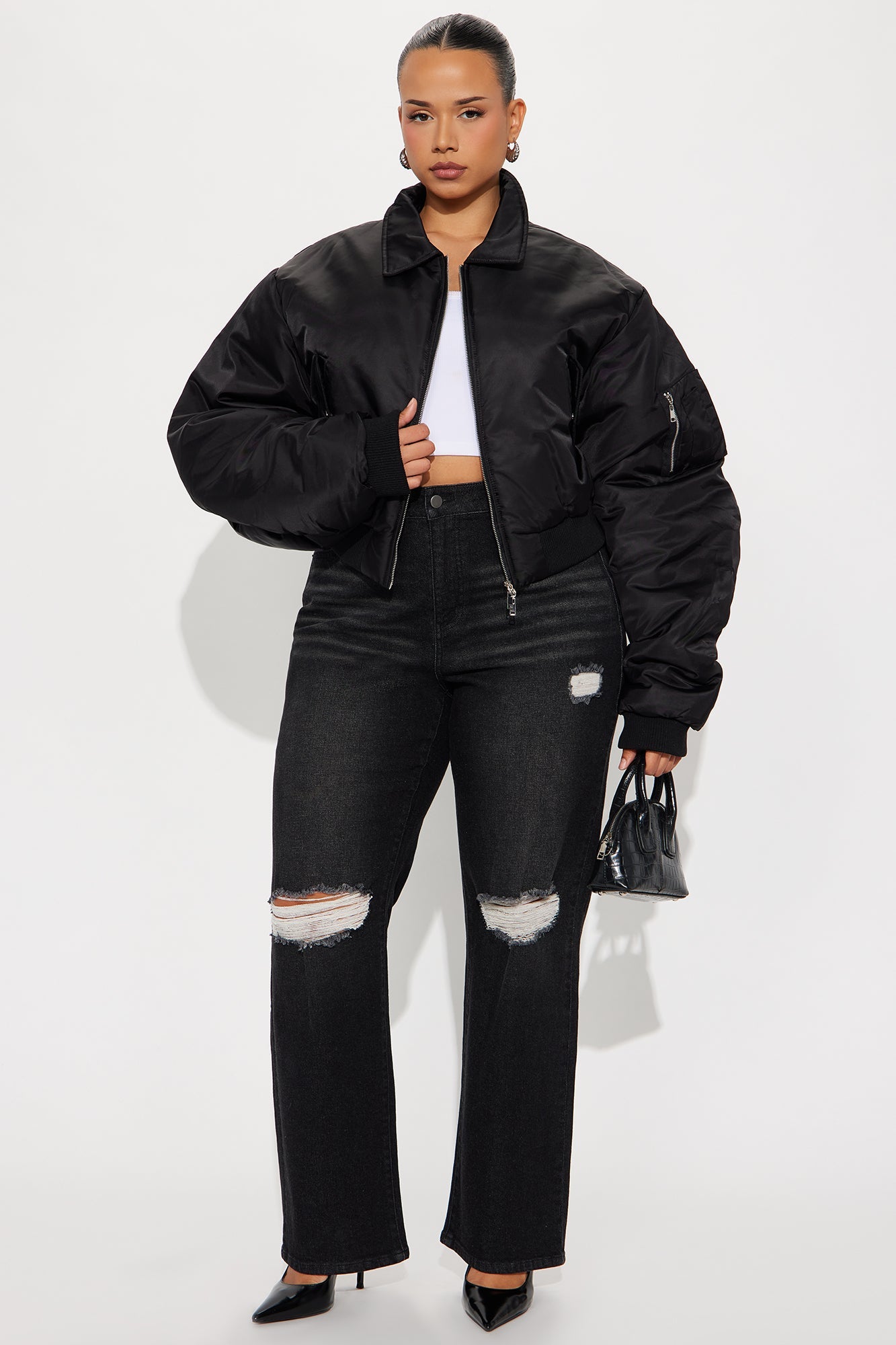 Charlie Cropped Nylon Blend Bomber Jacket - Black