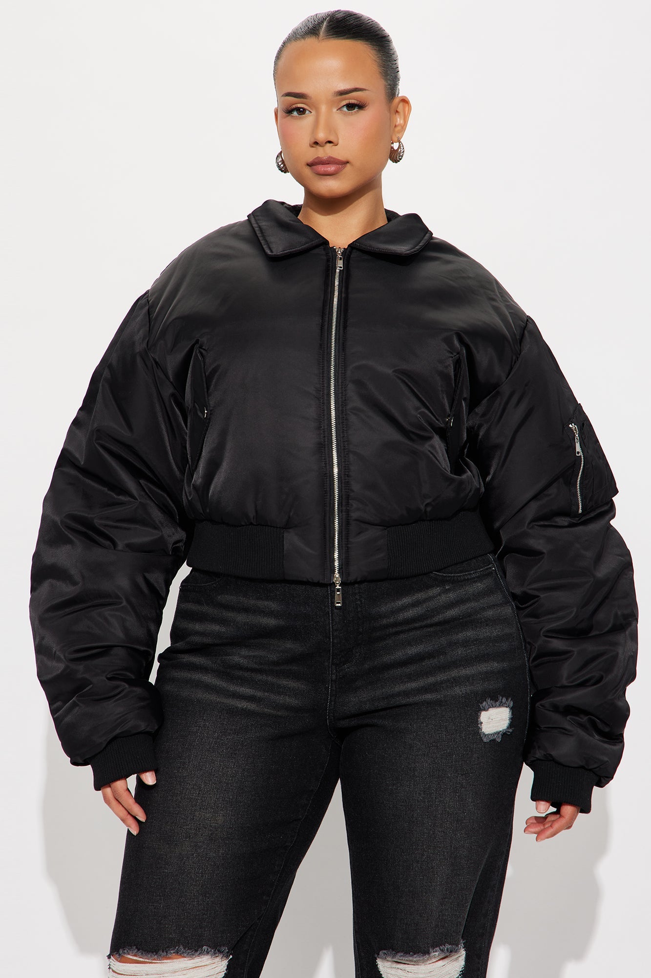Charlie Cropped Nylon Blend Bomber Jacket - Black