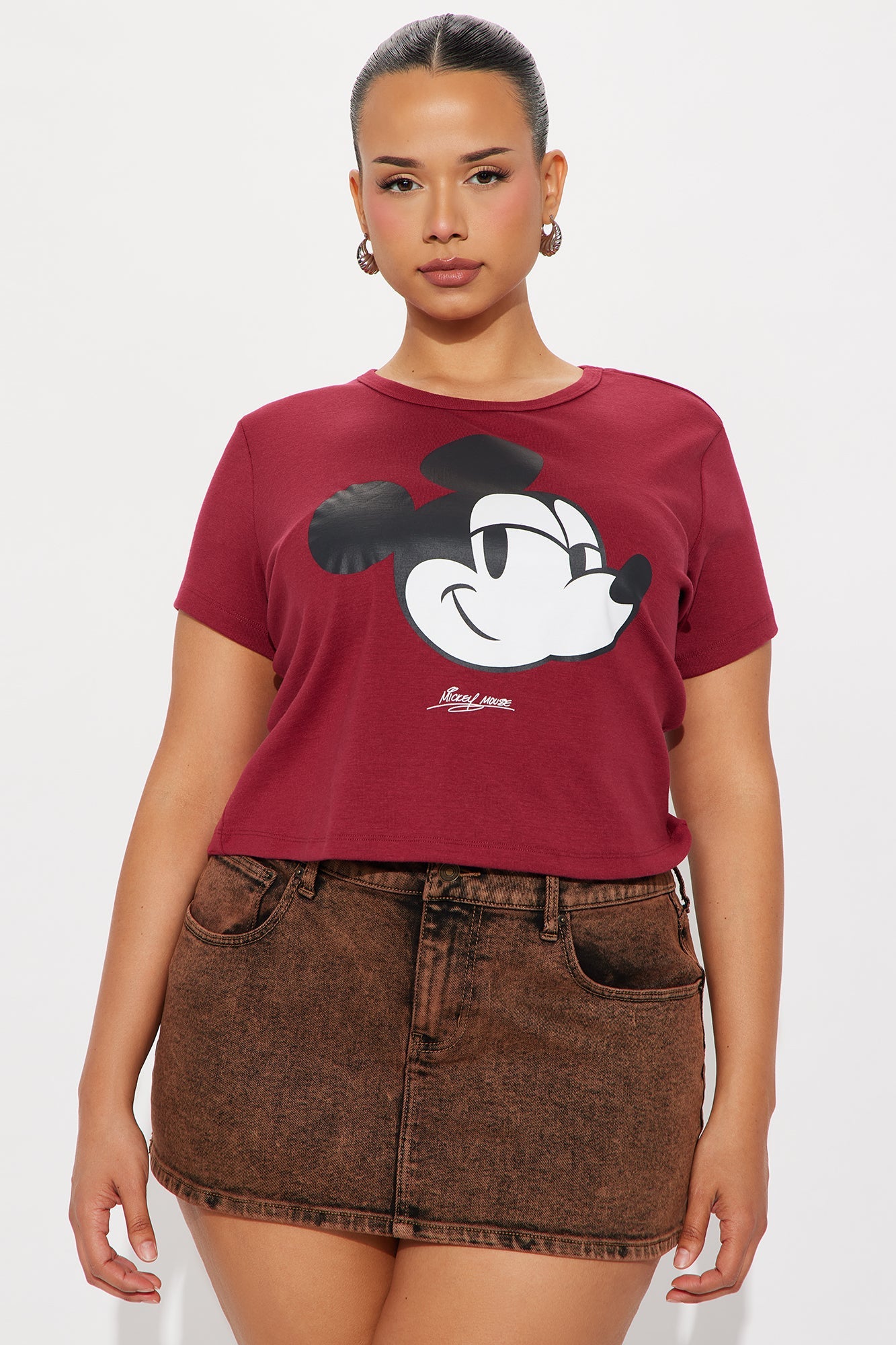 Micky Mouse Vibes Crew Neck Baby Tee - Wine