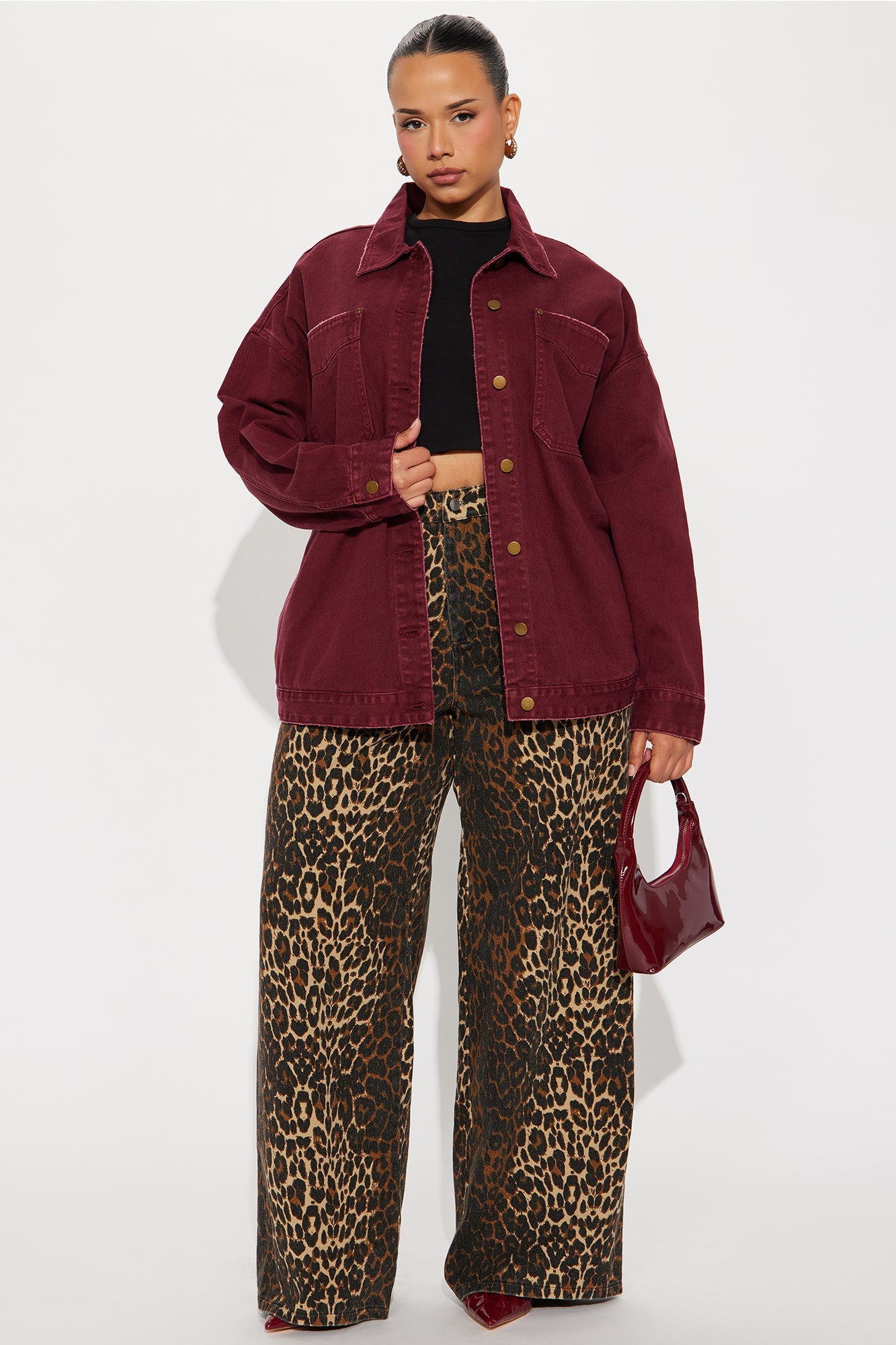 On The Move Denim Shacket - Burgundy