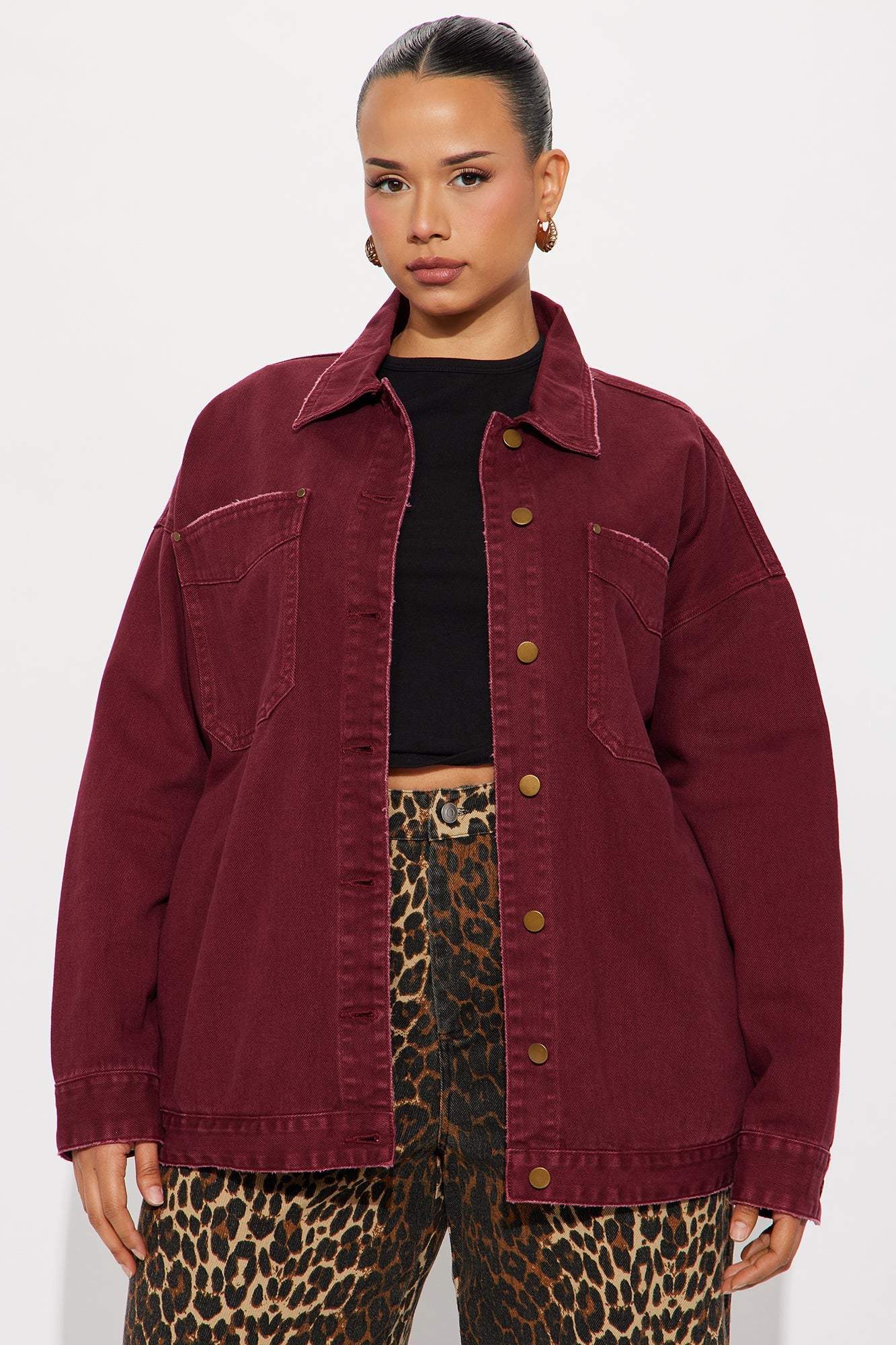 On The Move Denim Shacket - Burgundy