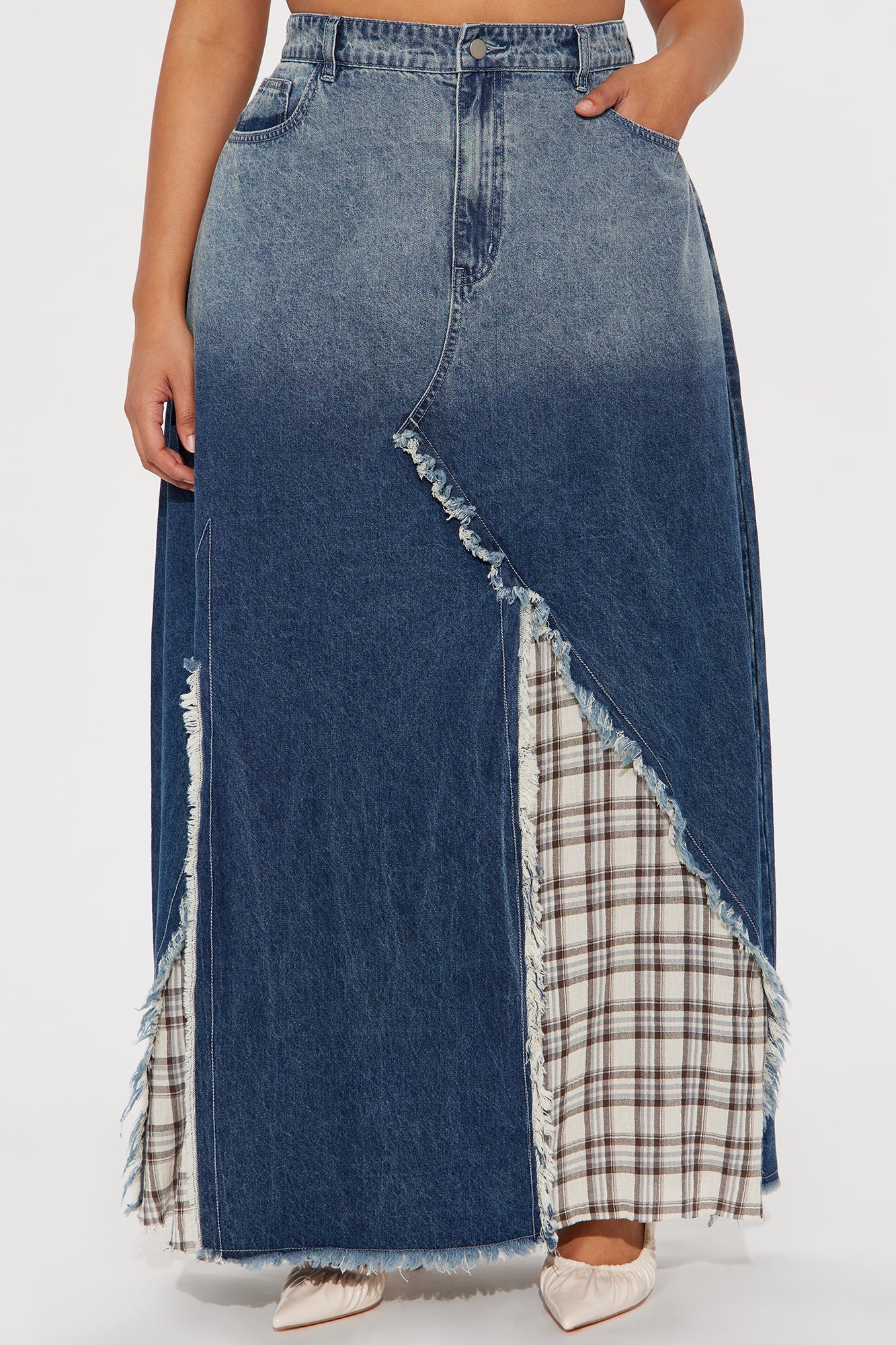 Piece Of Work Plaid Patchwork Denim Maxi Skirt - Blue/combo