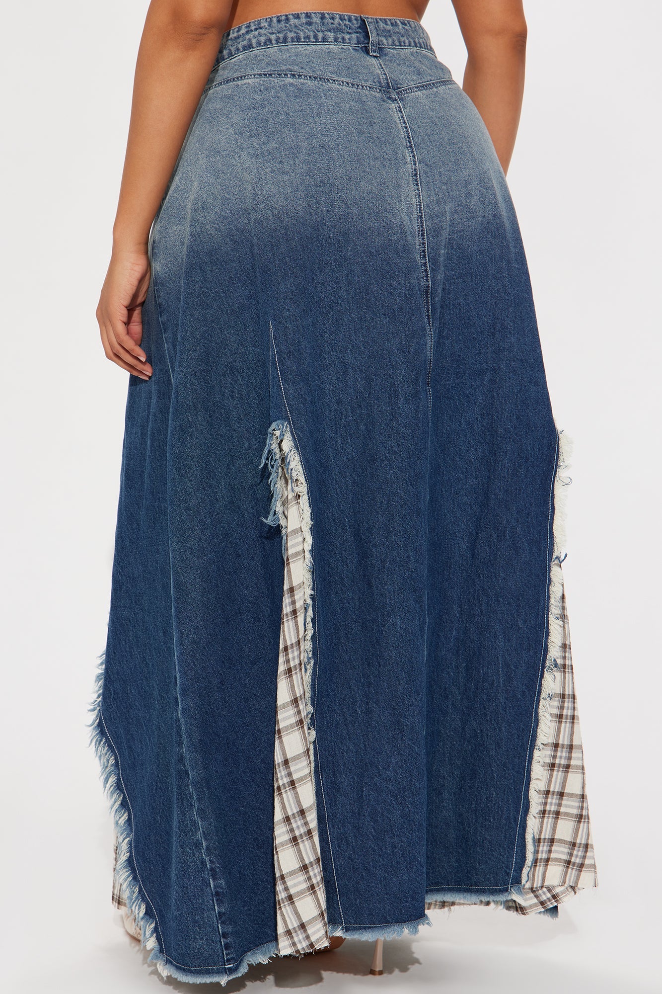 Piece Of Work Plaid Patchwork Denim Maxi Skirt - Blue/combo