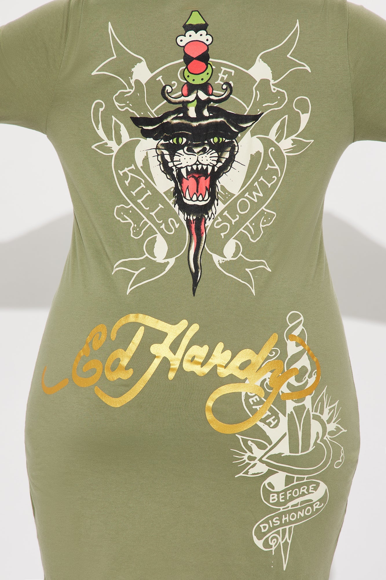 Ed Hardy Dagger Heart Long Sleeve Mini Dress - Olive