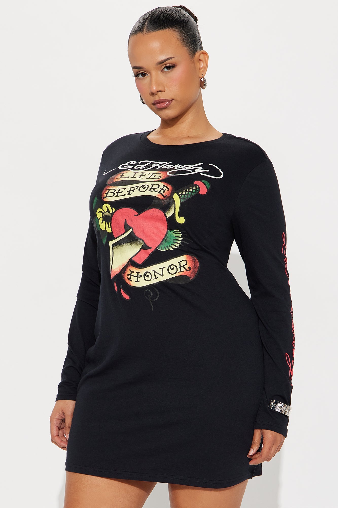 Ed Hardy Honor Dagger Long Sleeve Mini Dress - Black