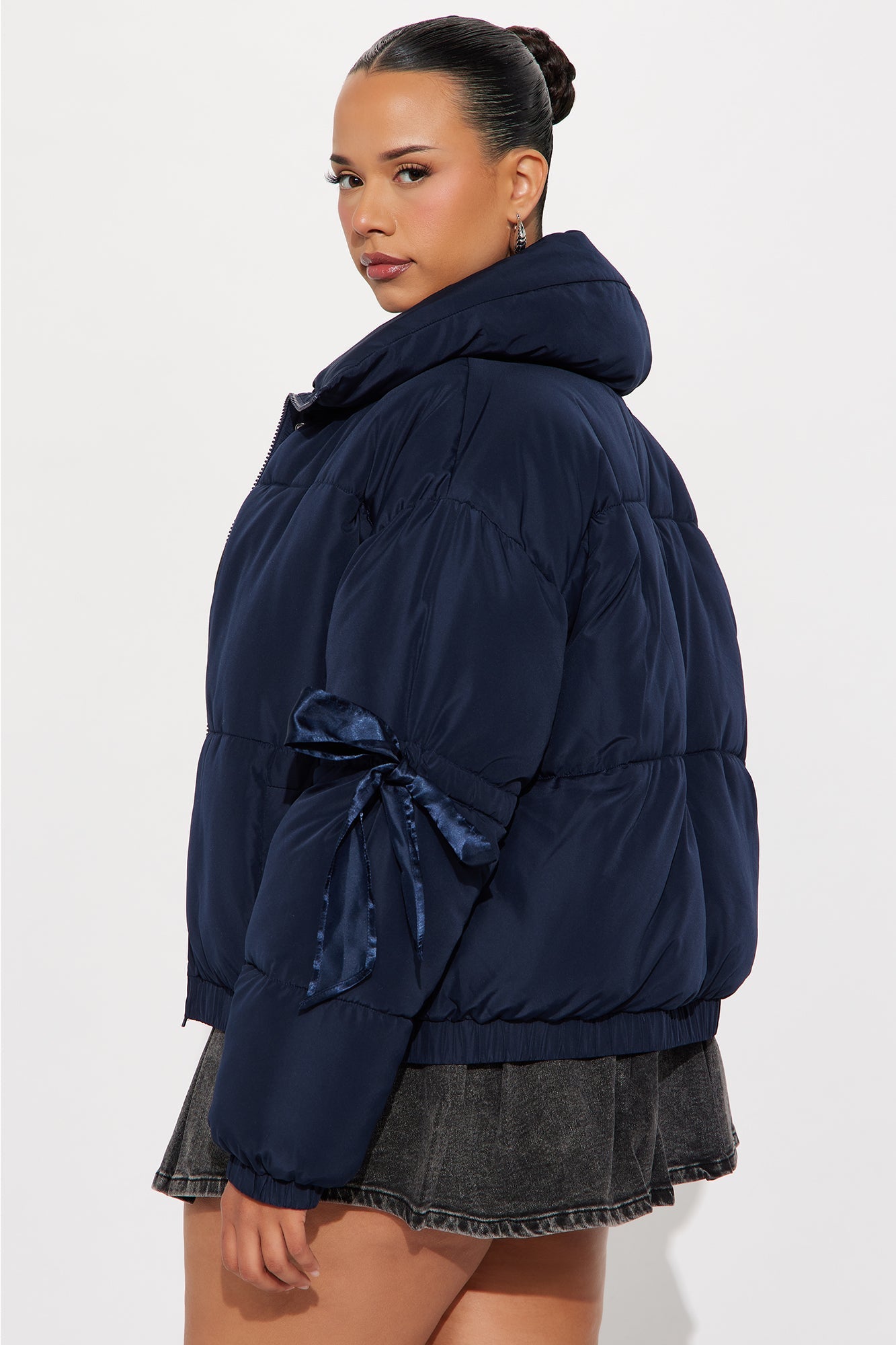 Coquette Touch Bow Puffer Jacket - Navy