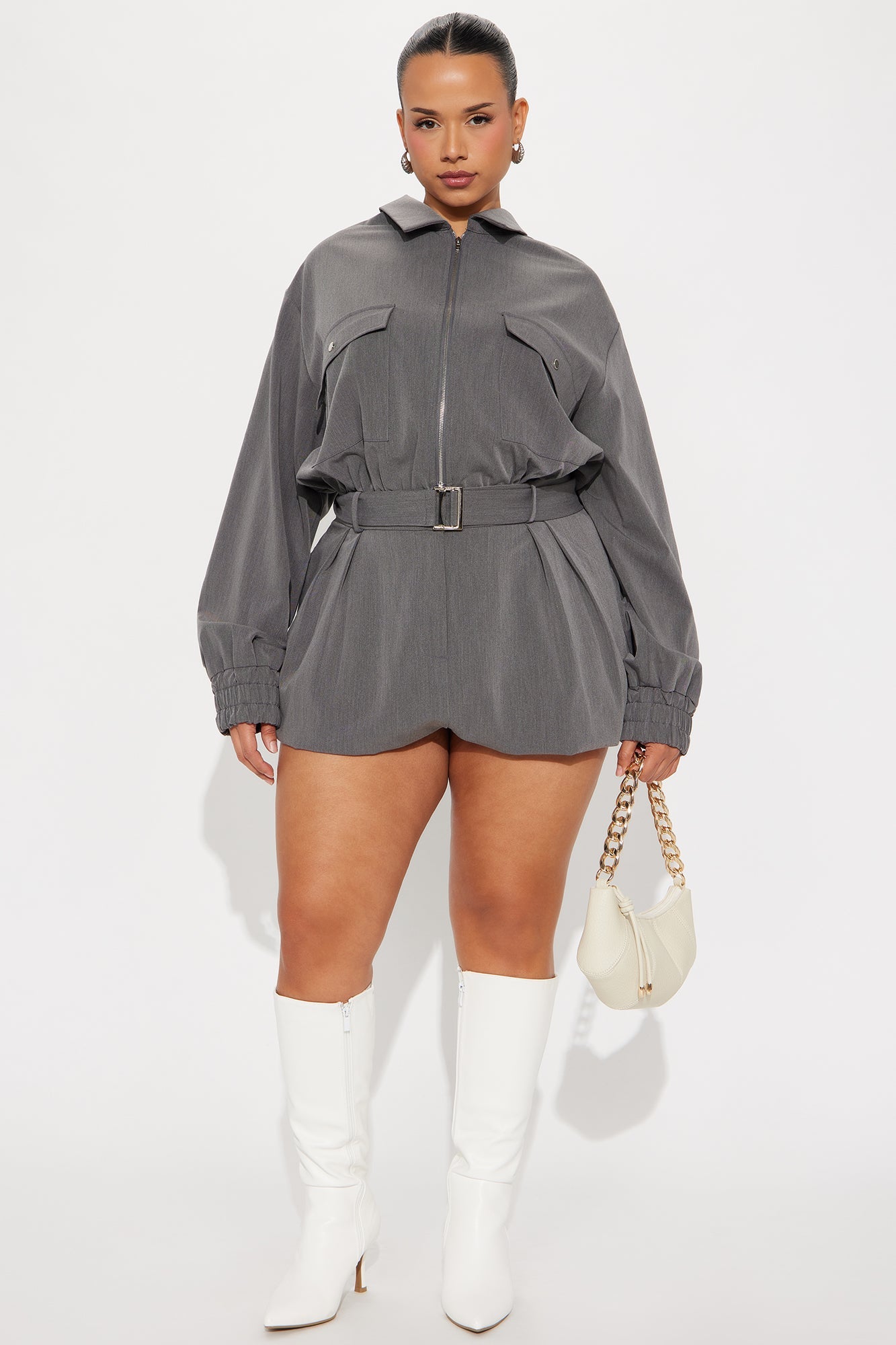 Leanna Cargo Long Sleeve Romper - Charcoal