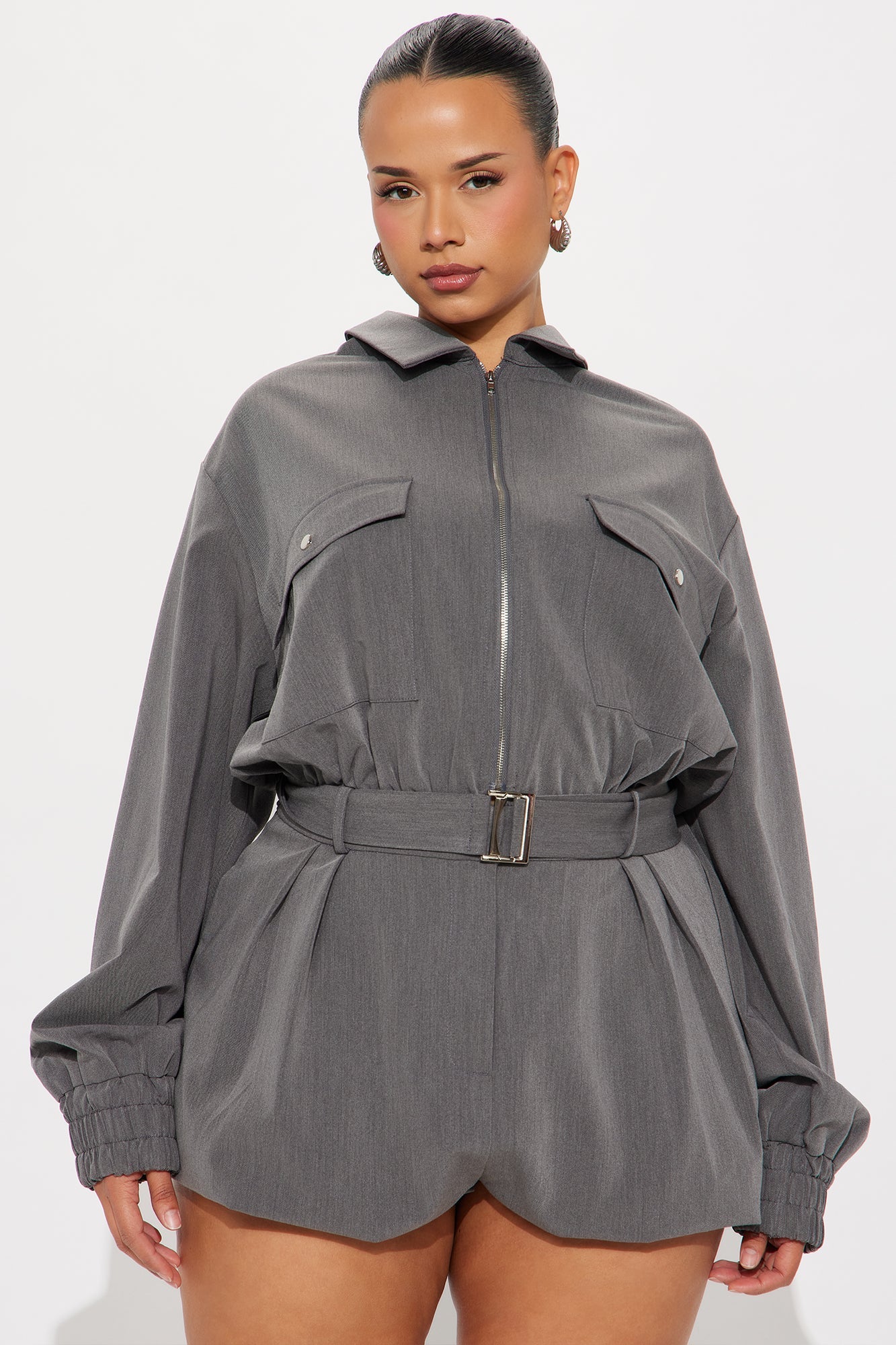 Leanna Cargo Long Sleeve Romper - Charcoal