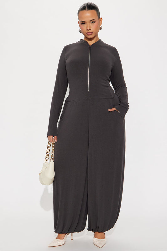 Catching The Vibes Balloon Wide Leg Jumpsuit - Charcoal