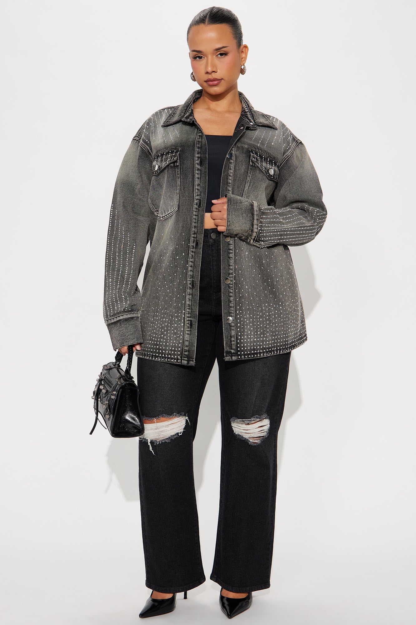 Chasing A Dream Embellished Denim Shacket - Grey