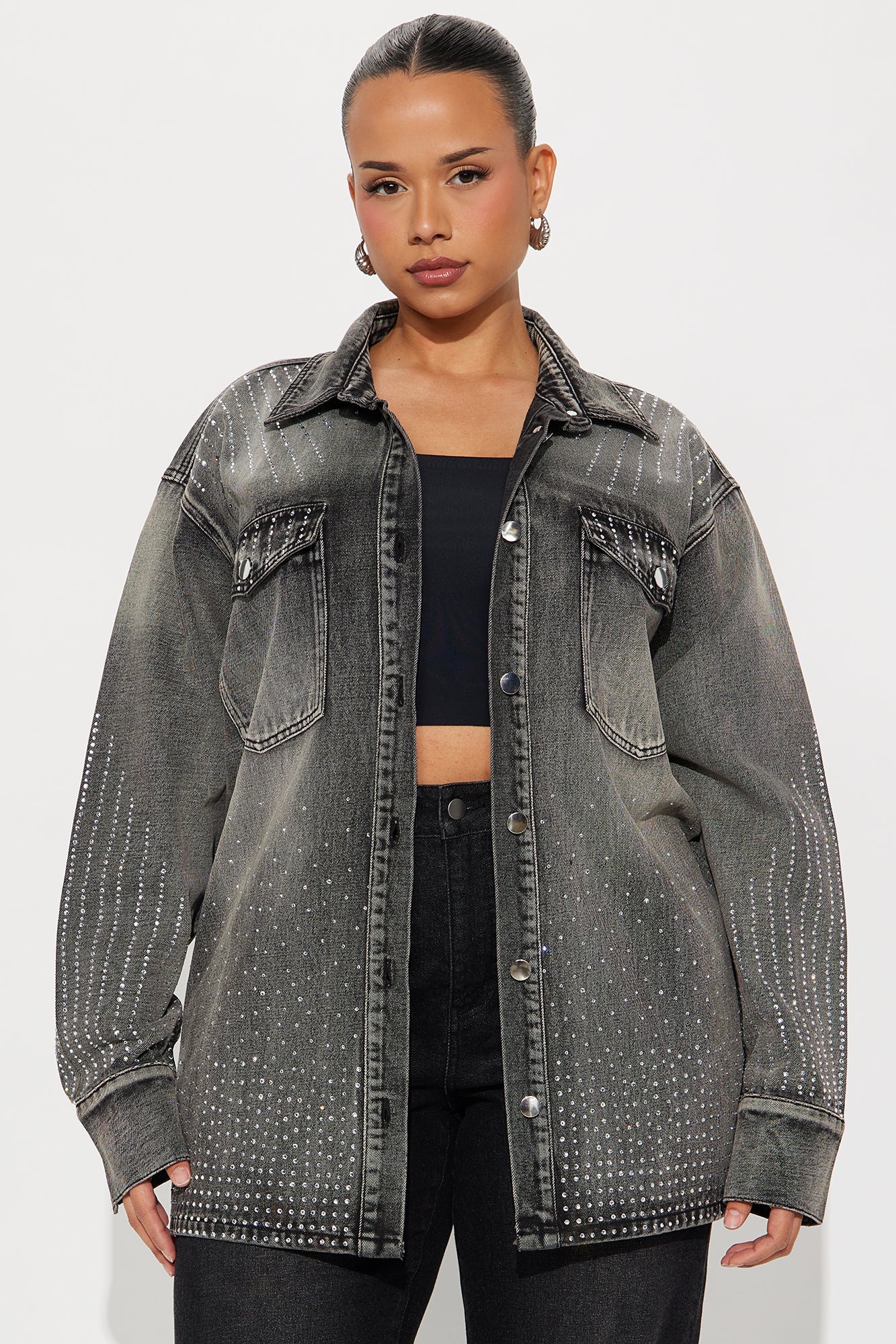 Chasing A Dream Embellished Denim Shacket - Grey