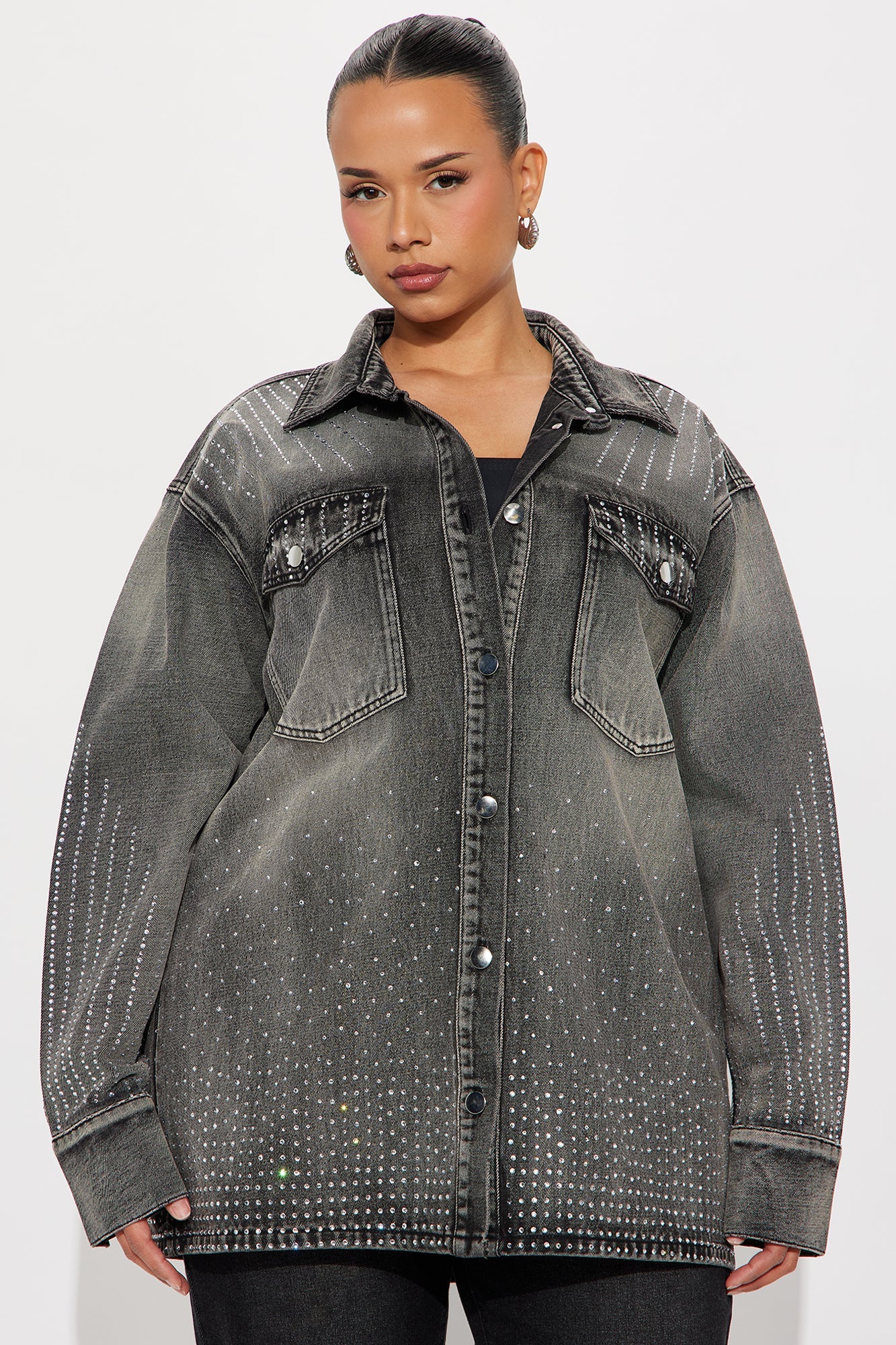 Chasing A Dream Embellished Denim Shacket - Grey
