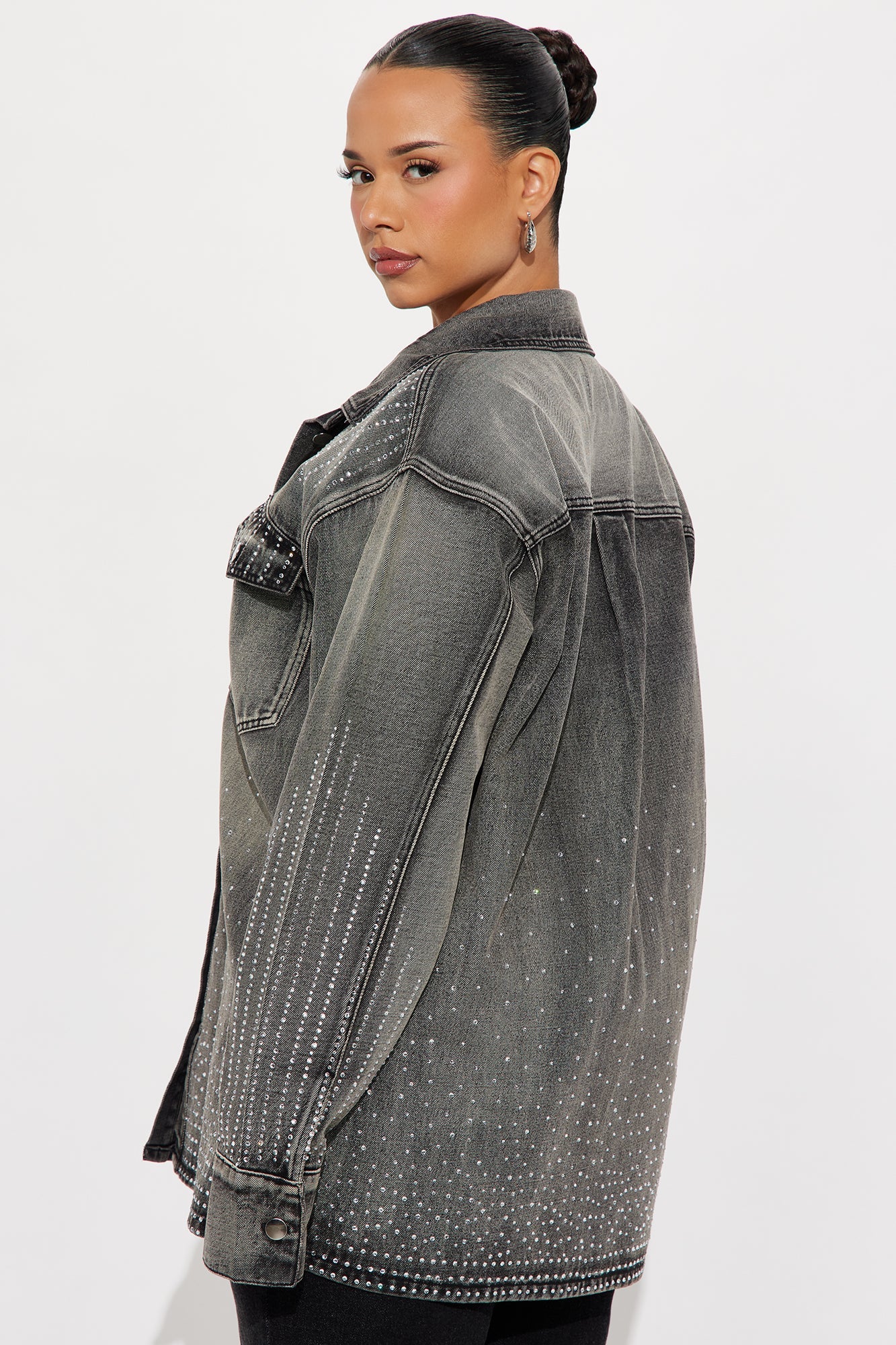 Chasing A Dream Embellished Denim Shacket - Grey