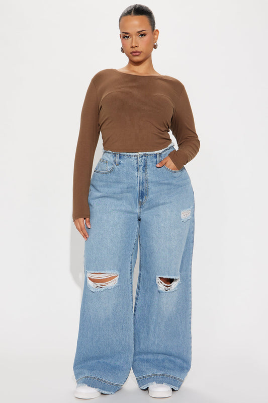 In Your Dreams Cut Off Waistband Ripped Baggy Jean - Medium Wash