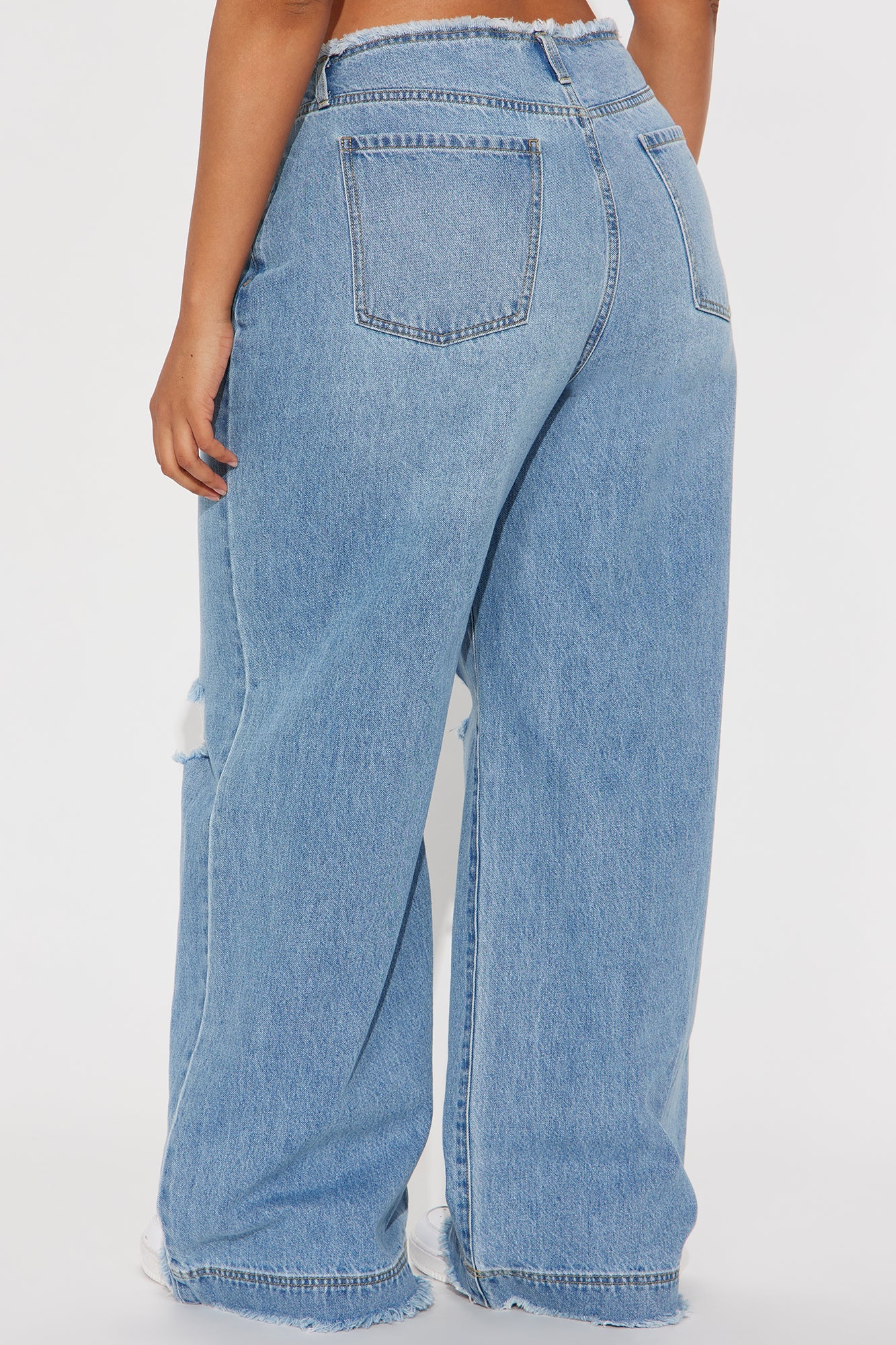 In Your Dreams Cut Off Waistband Ripped Baggy Jean - Medium Wash