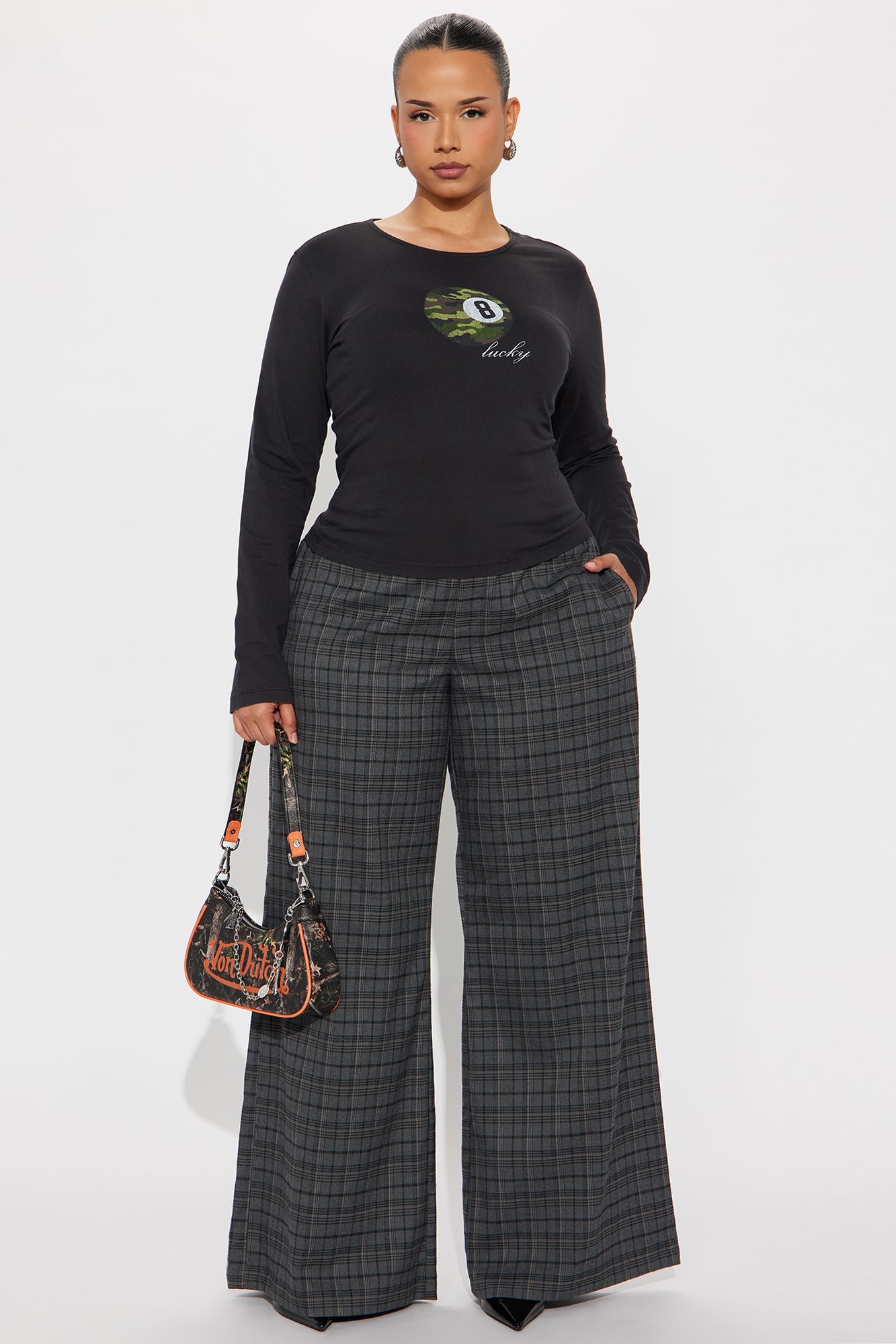 Brienne Plaid Wide Leg Trouser Pant 33 - Grey/combo