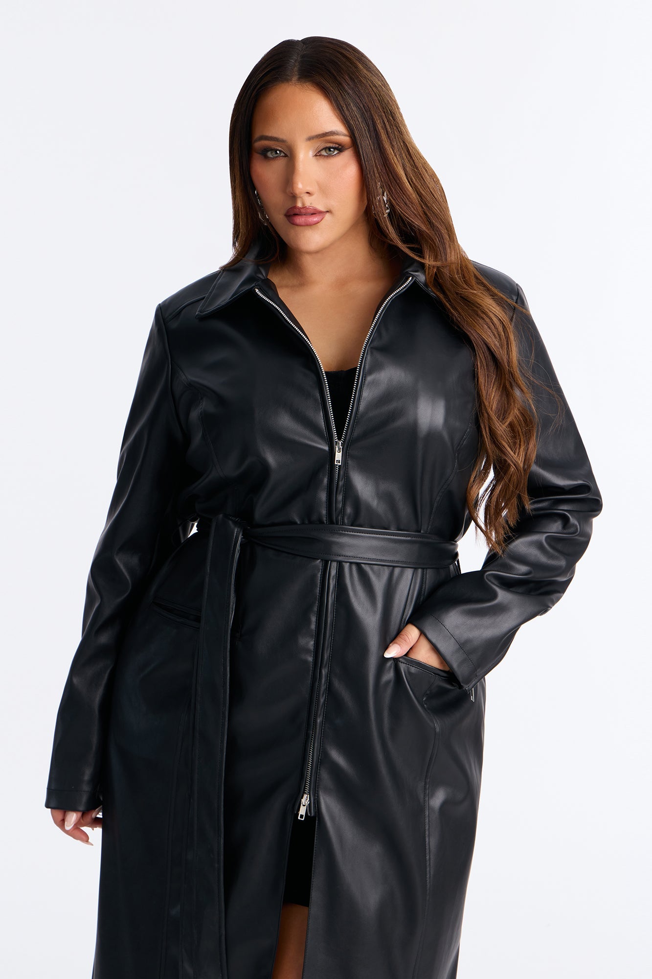 Kennedy Belted Faux Leather Zip Up Coat - Black
