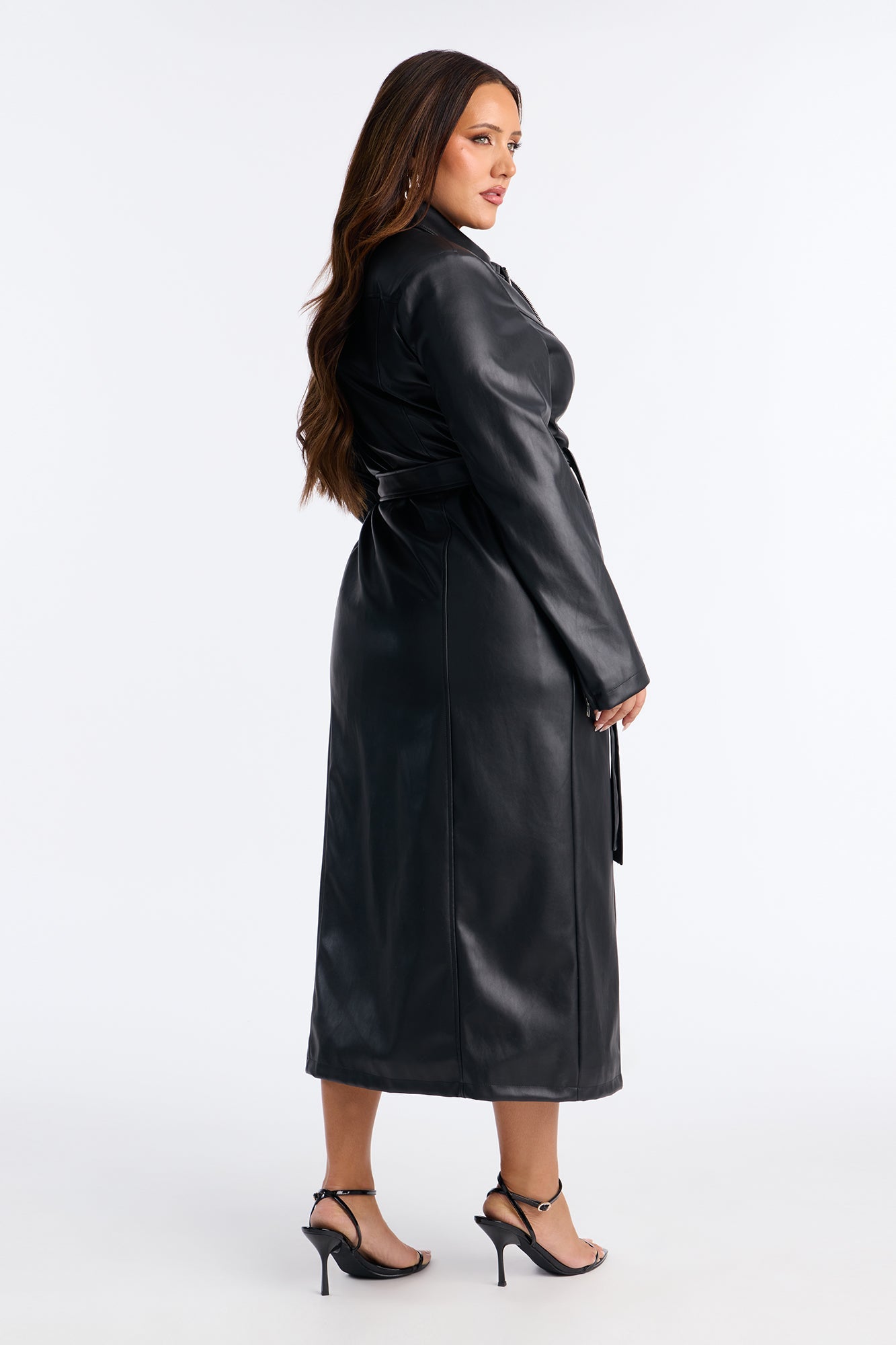 Kennedy Belted Faux Leather Zip Up Coat - Black
