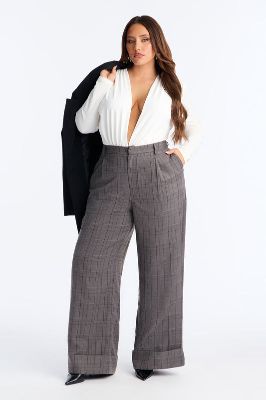 Claudette Cuffed Plaid Trousers - Charcoal