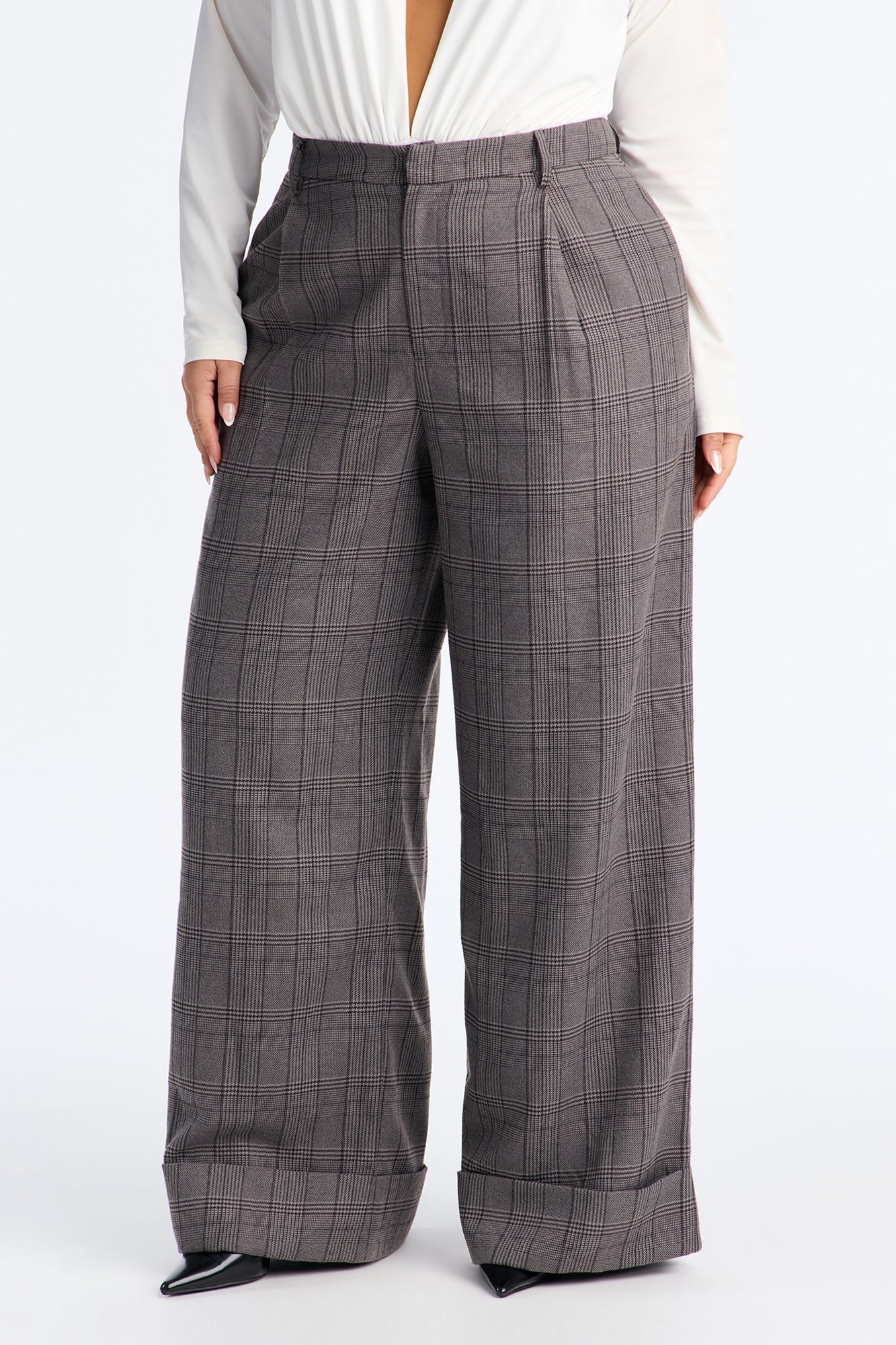 Claudette Cuffed Plaid Trousers - Charcoal