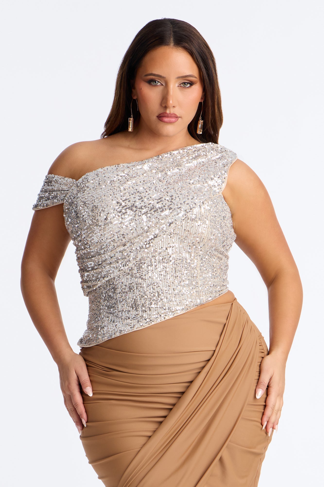 After Party One Shoulder Sequin Corset - Beige